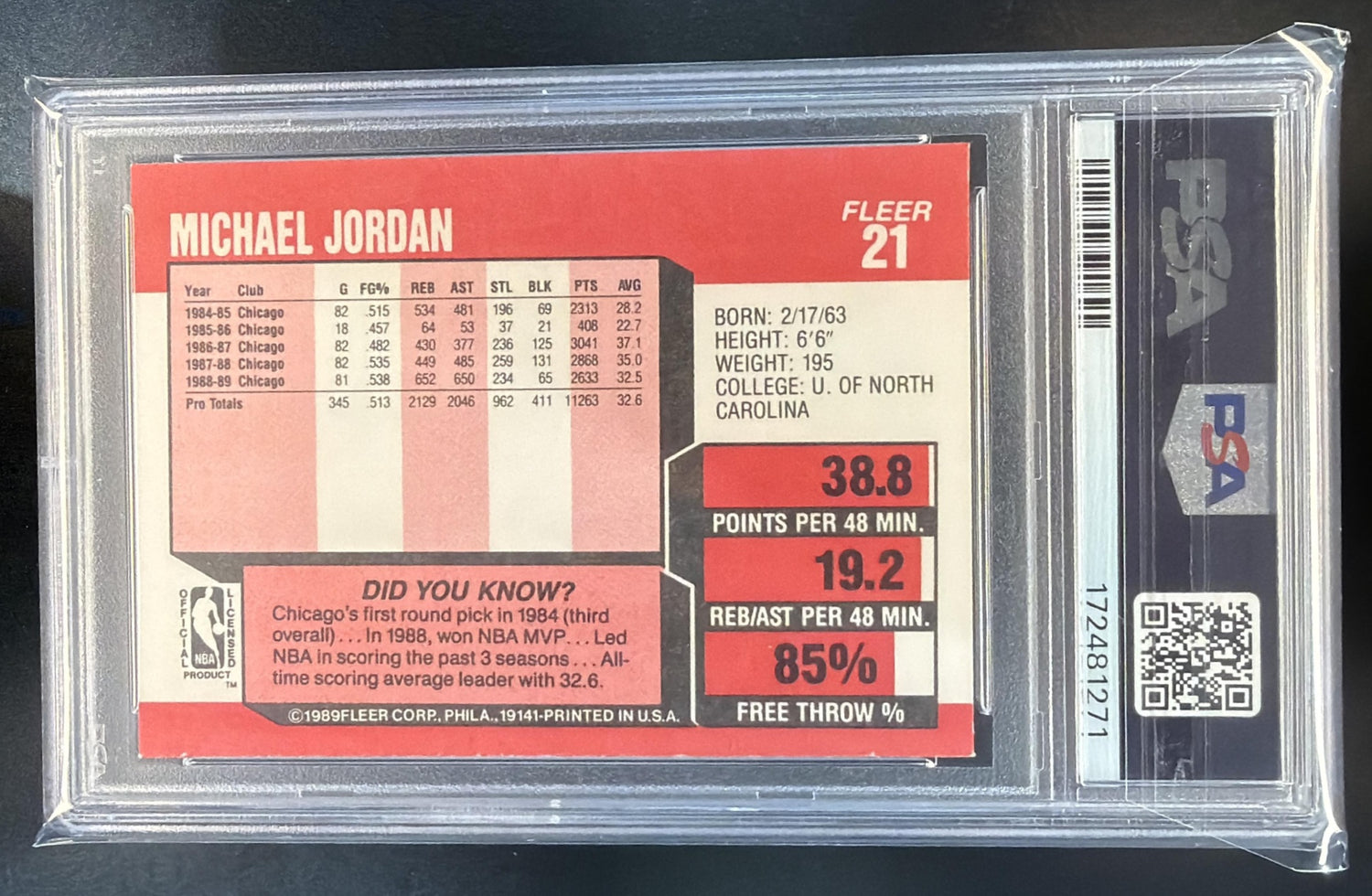1989-90 Fleer Michael Jordan #21 Bulls PSA 7 — back