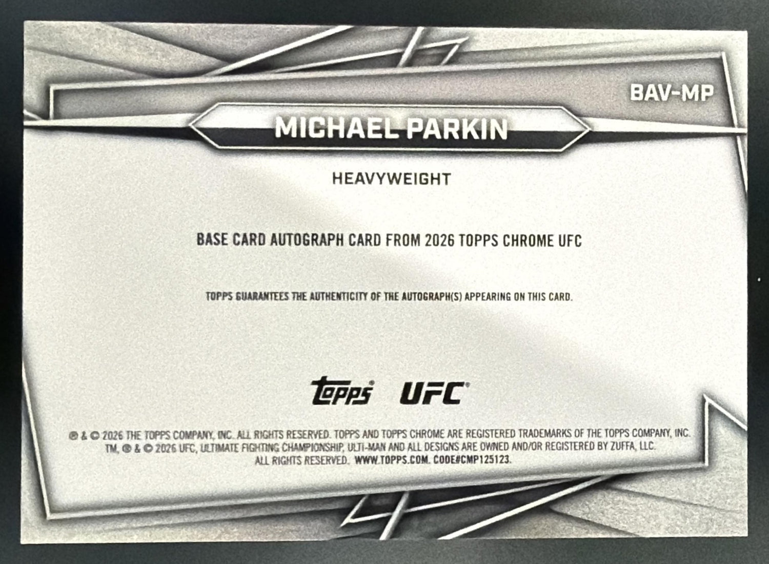 2026 Topps Chrome UFC Michael Parkin Auto Gold Geometric Refractor /50 RC — back