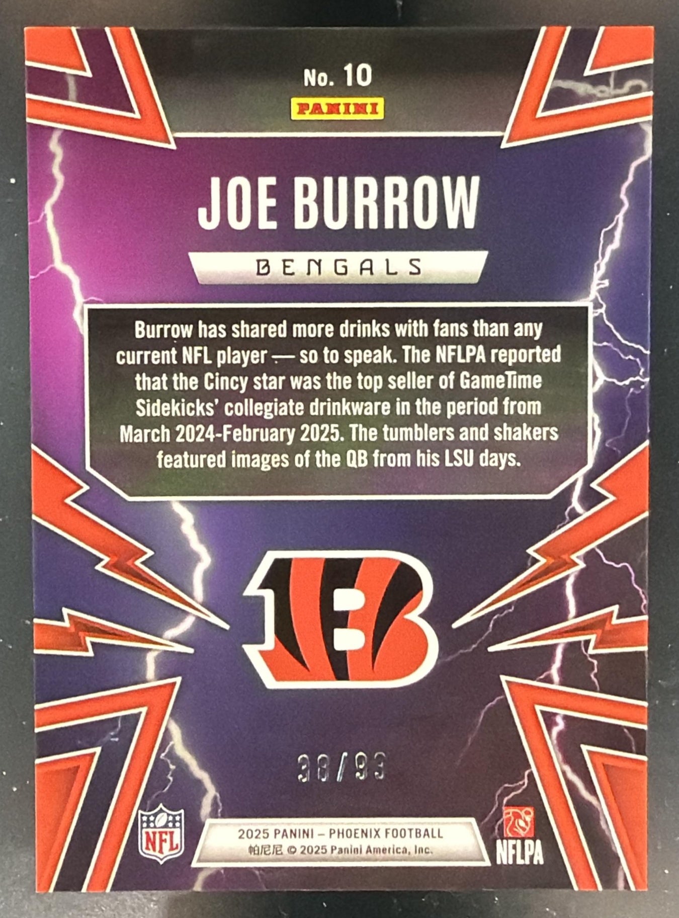 2025 Panini Phoenix Joe Burrow #10 Thunderbirds Green Prizm 38/99 Bengals — back