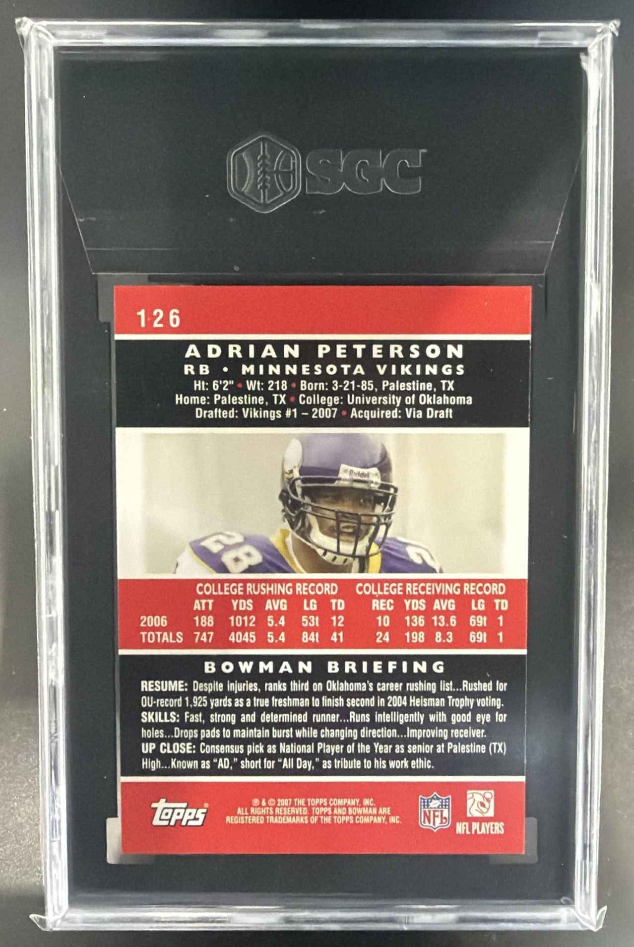 2007 Bowman Adrian Peterson #126 RC Vikings SGC 9 — back