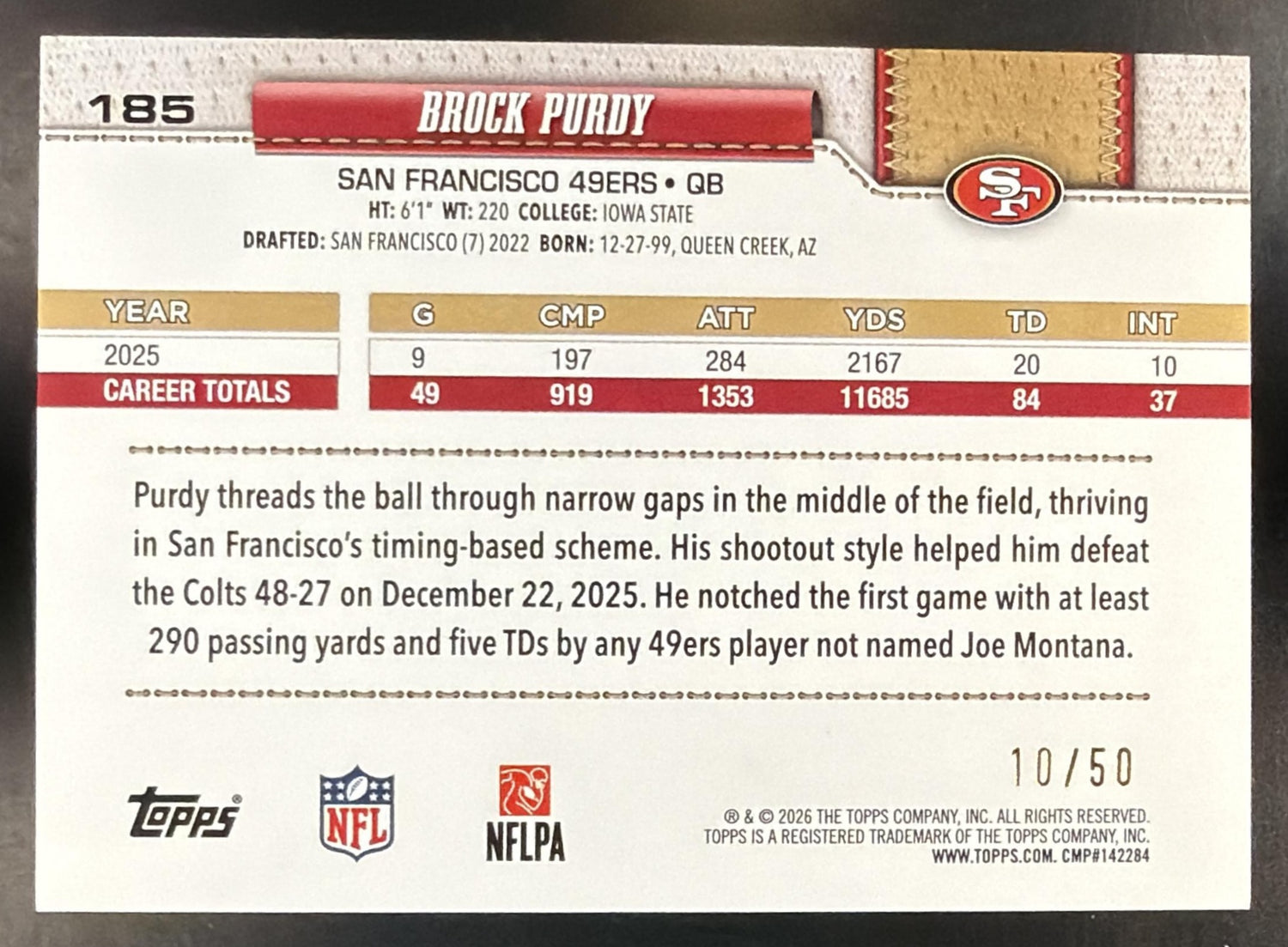 2026 Topps Brock Purdy #185 Gold Rainbow Foil 10/50 49ers — back
