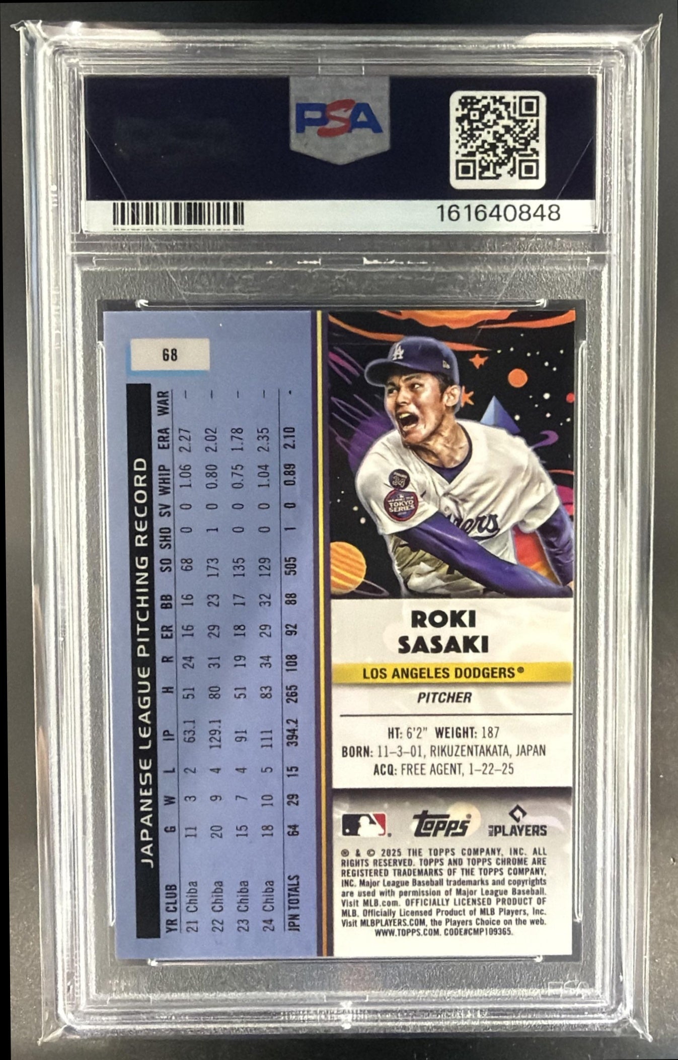 2025 Topps Cosmic Chrome Roki Sasaki #68 Nucleus Refractor RC Dodgers PSA 9 — back