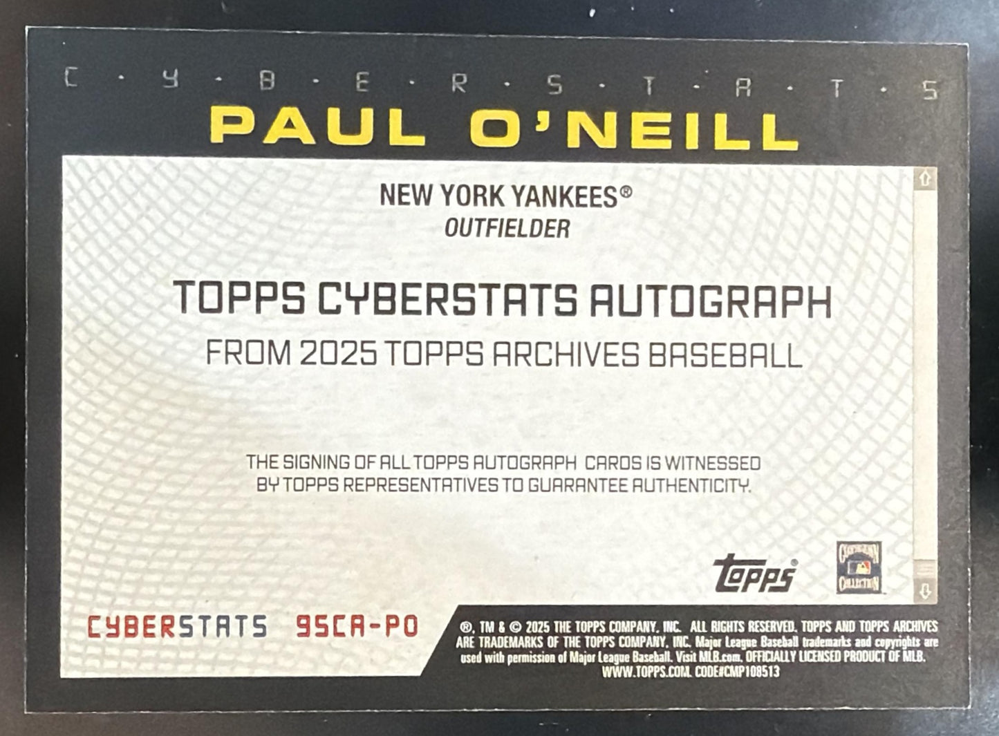 2025 Topps Archives Paul O'Neill #95CA-PO 1995 Cyberstats Auto Yankees — back