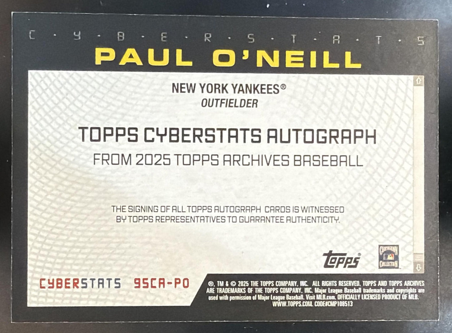 2025 Topps Archives Paul O'Neill #95CA-PO 1995 Cyberstats Auto Yankees — back