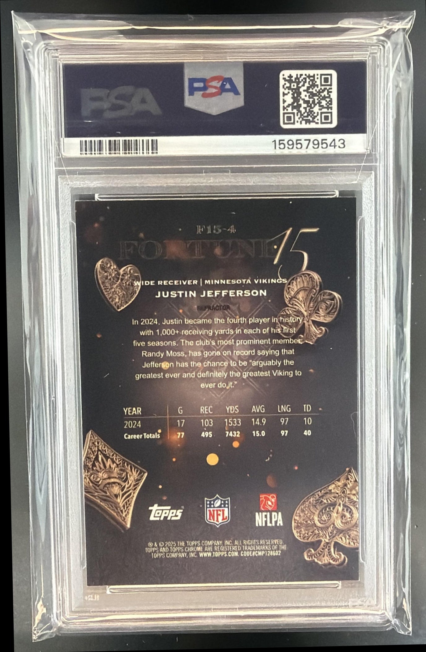 2025 Topps Chrome Justin Jefferson #F15-4 Fortune 15 Refractor Vikings PSA 7 — back