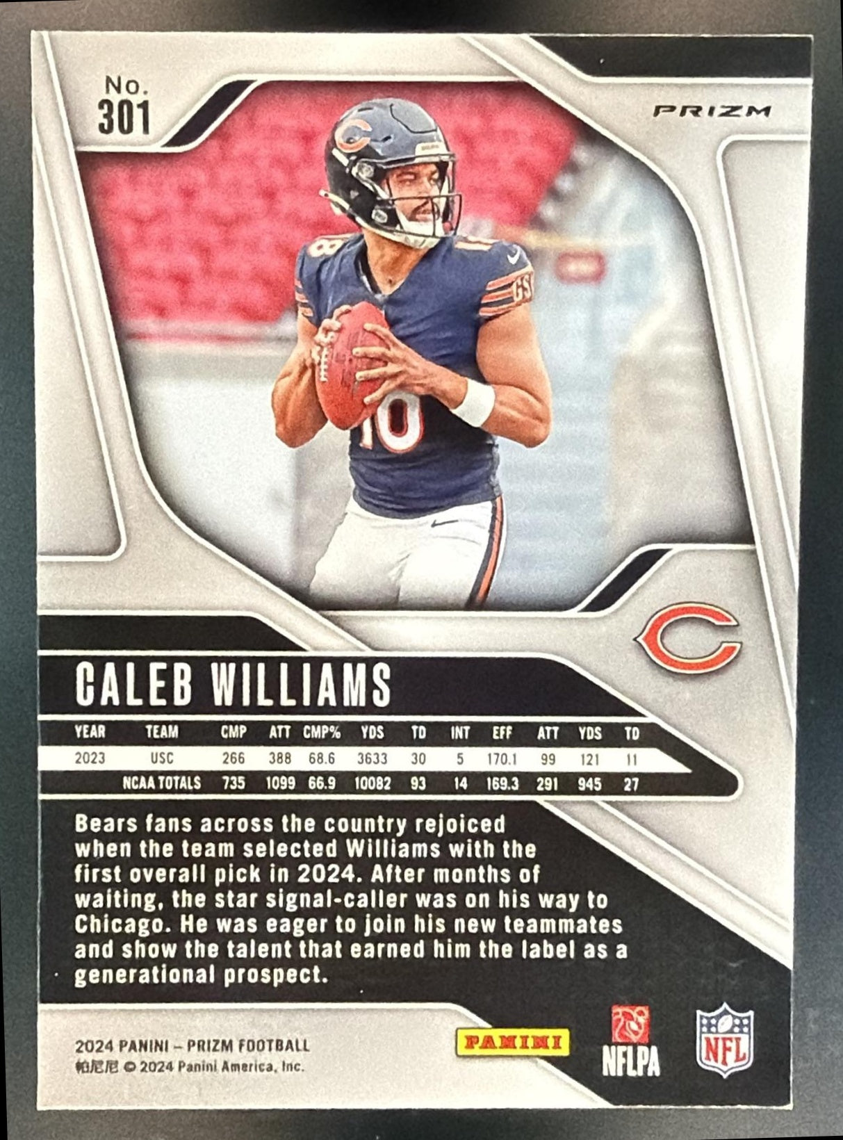 2024 Panini Prizm Caleb Williams #301 Silver RC Bears — back