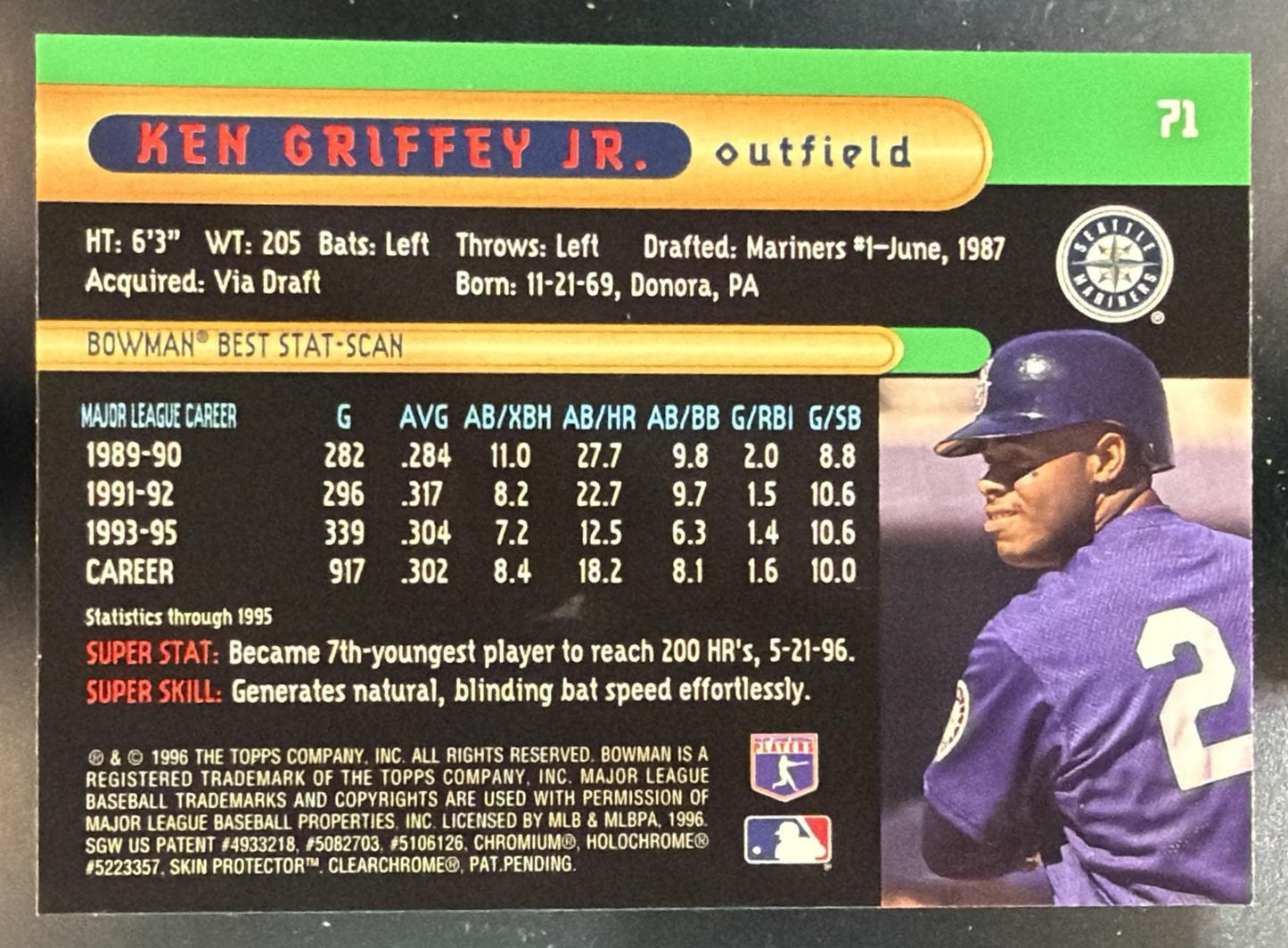 1996 Bowman's Best Ken Griffey Jr. #71 Mariners — back