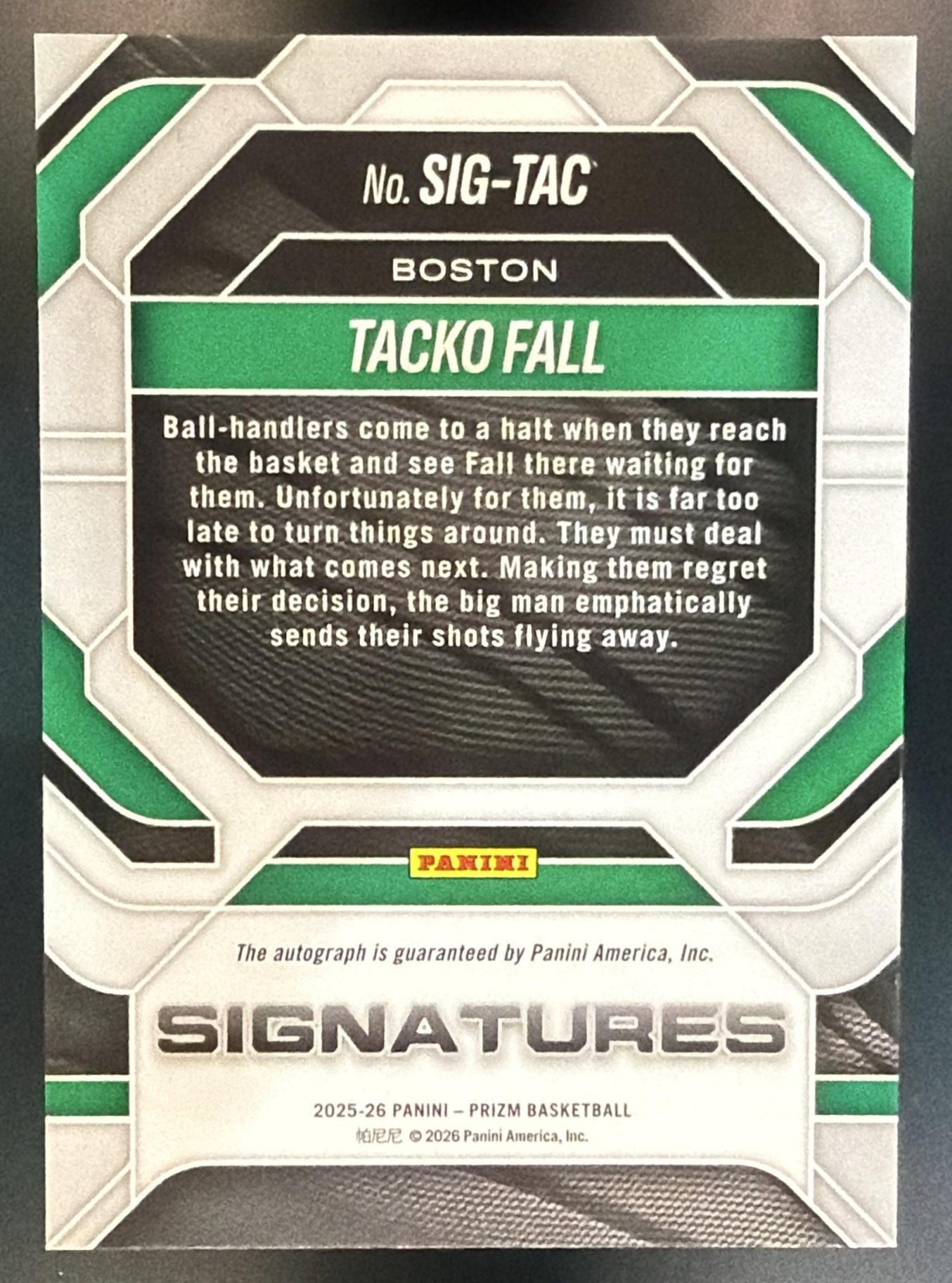 2025-26 Panini Prizm Tacko Fall Signatures Auto Celtics — back