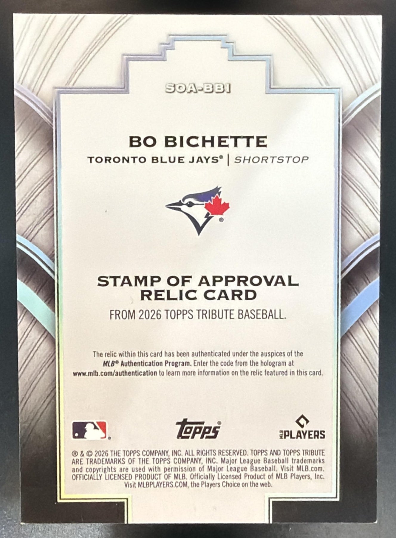 2026 Topps Tribute Bo Bichette #SOA-BBI Stamp of Approval 92/199 MEM Blue Jays — back