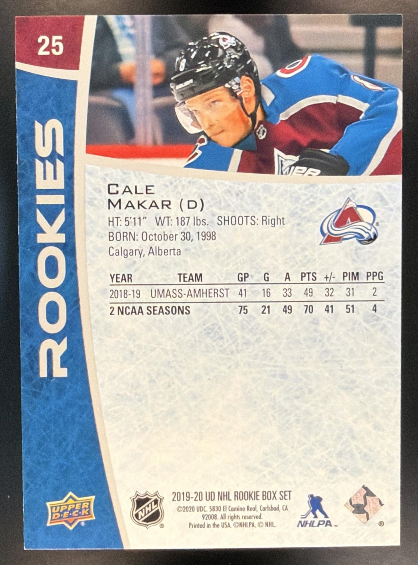 2019-20 Upper Deck NHL Rookie Box Set Cale Makar #25 RC Avalanche — back