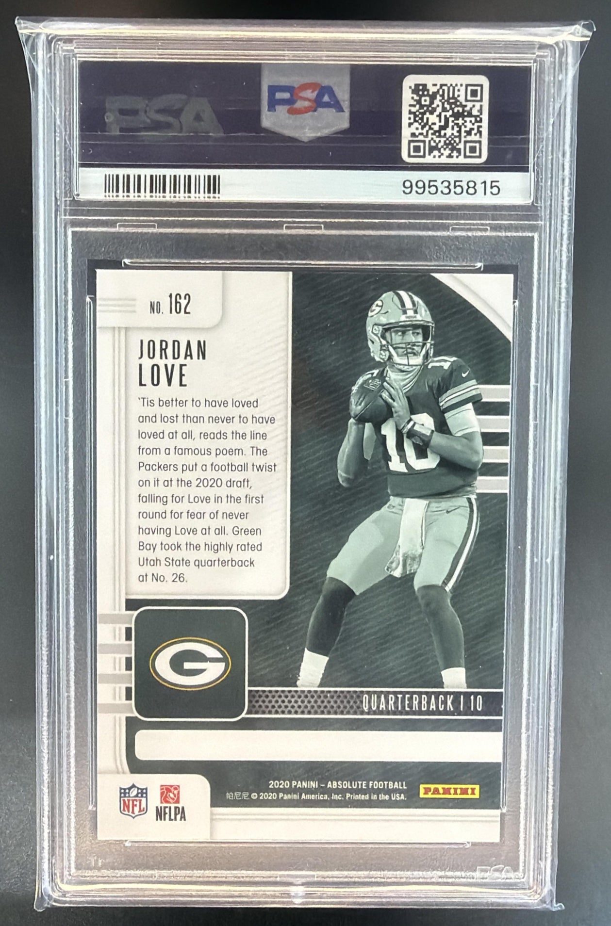 2020 Panini Absolute Jordan Love #162 Retail RC Packers PSA 10 — back