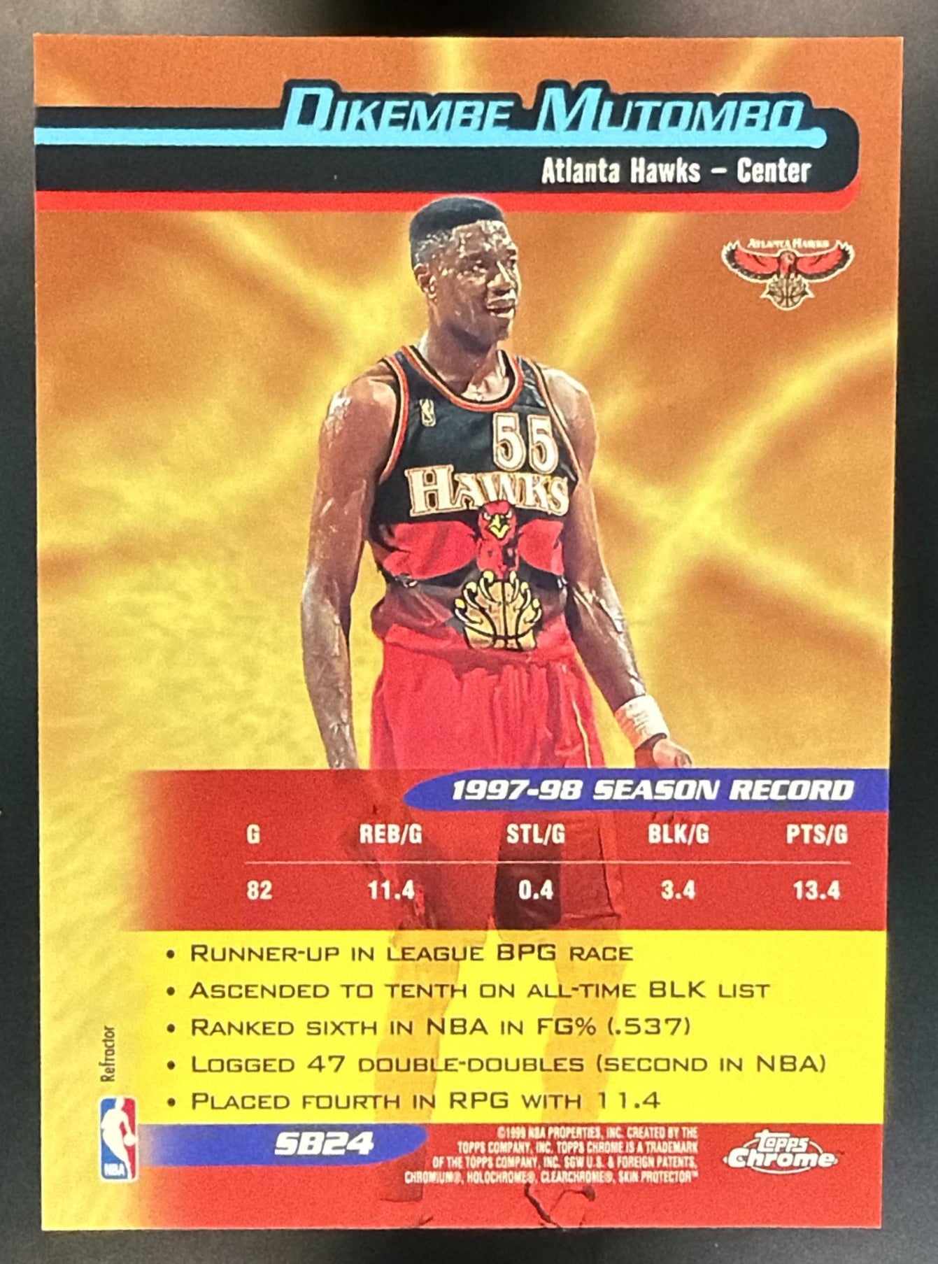 1998-99 Topps Chrome Dikembe Mutombo #SB24 Season's Best Refractor Hawks — back