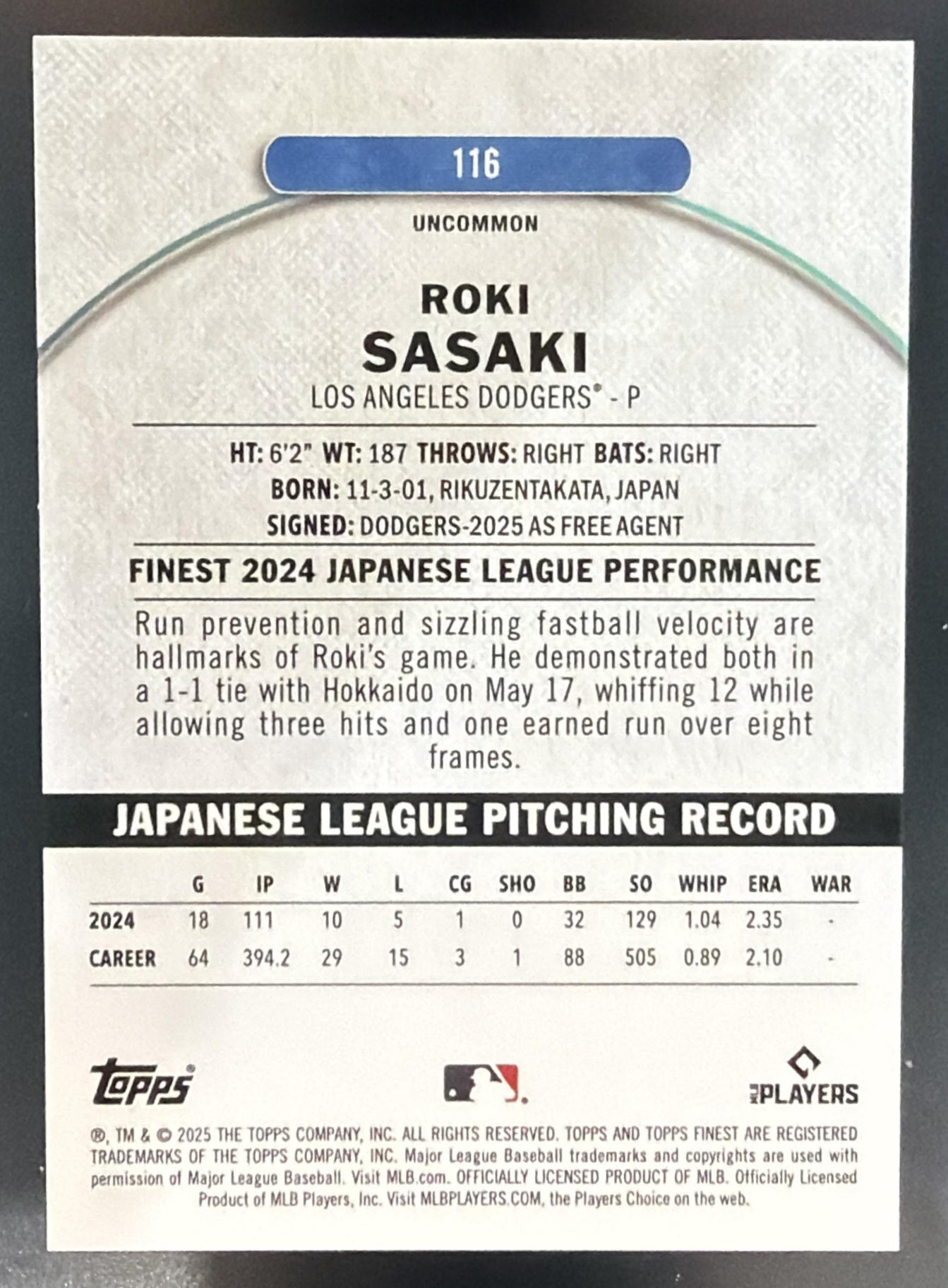 2025 Topps Finest Roki Sasaki #116 Uncommon Red Refractor 5/5 RC Dodgers — back