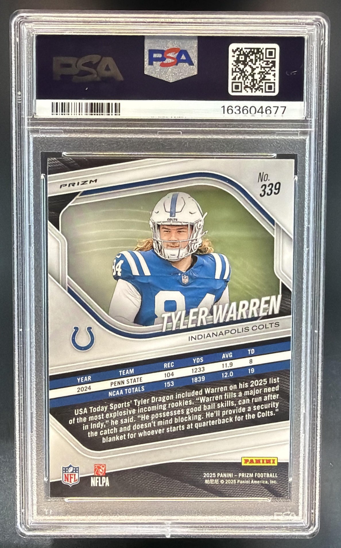 2025 Panini Prizm Tyler Warren #339 White Disco RC Colts PSA 9 — back