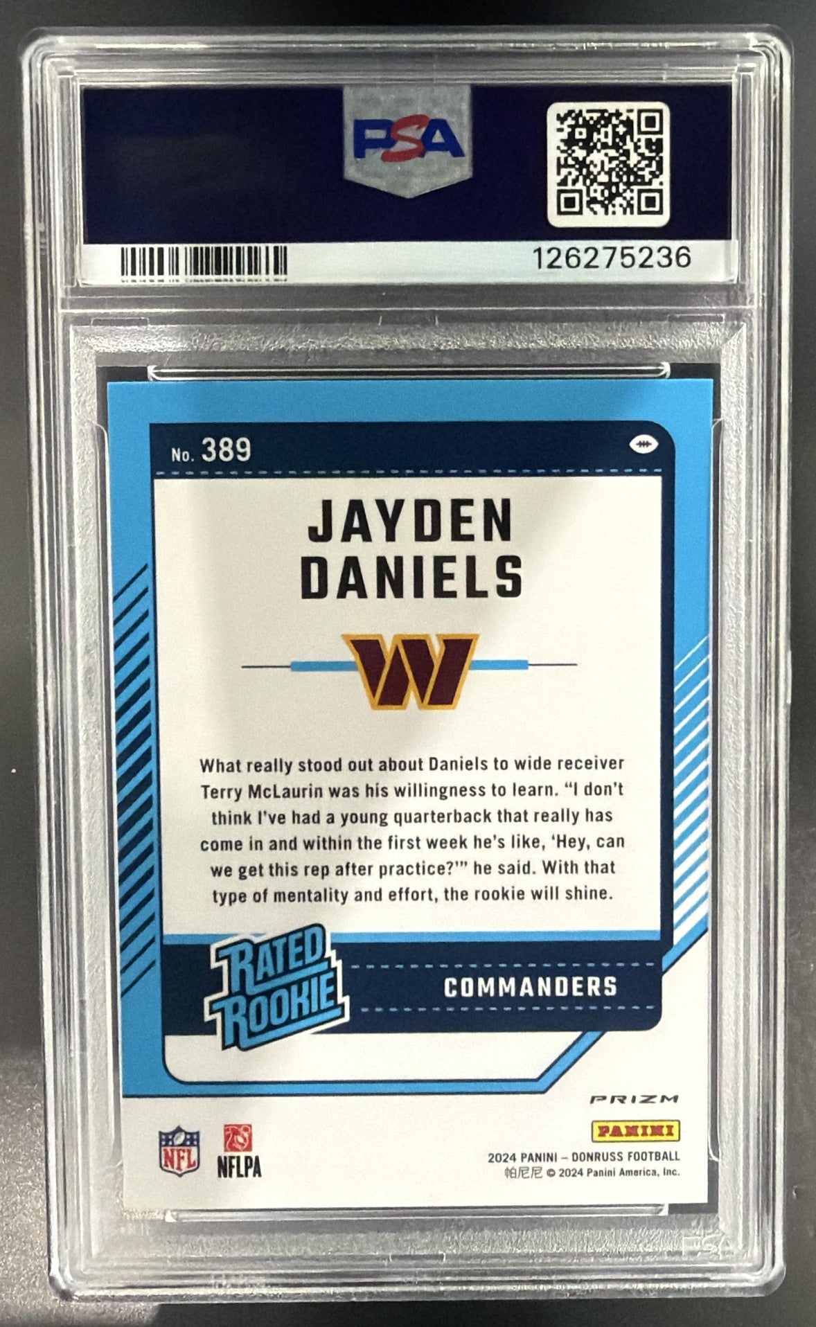 2024 Donruss Jayden Daniels #389 Optic Rated Rookie Preview Red and Green PSA 9 — back