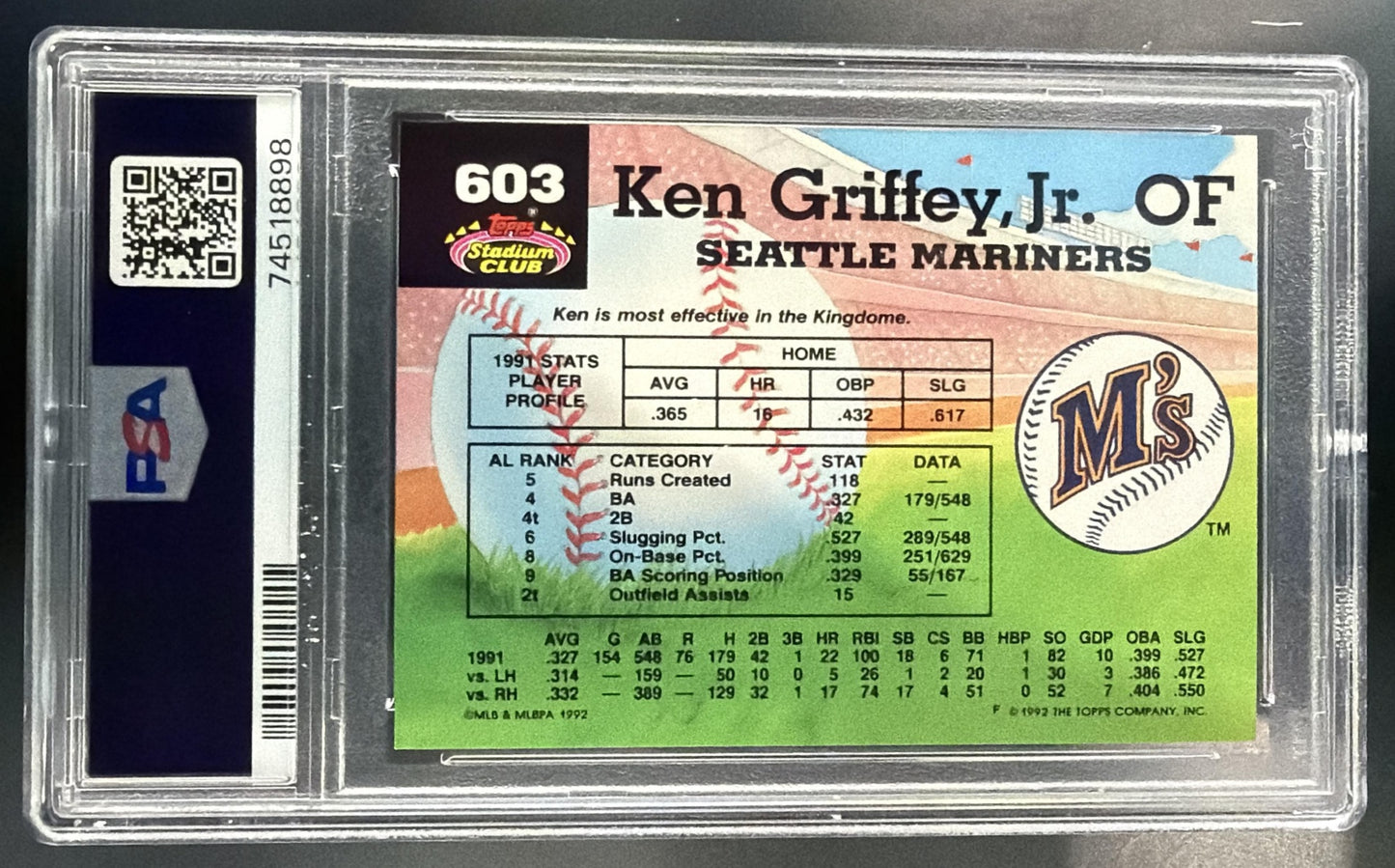1992 Topps Stadium Club Ken Griffey Jr. #603 Mariners PSA 9 — back