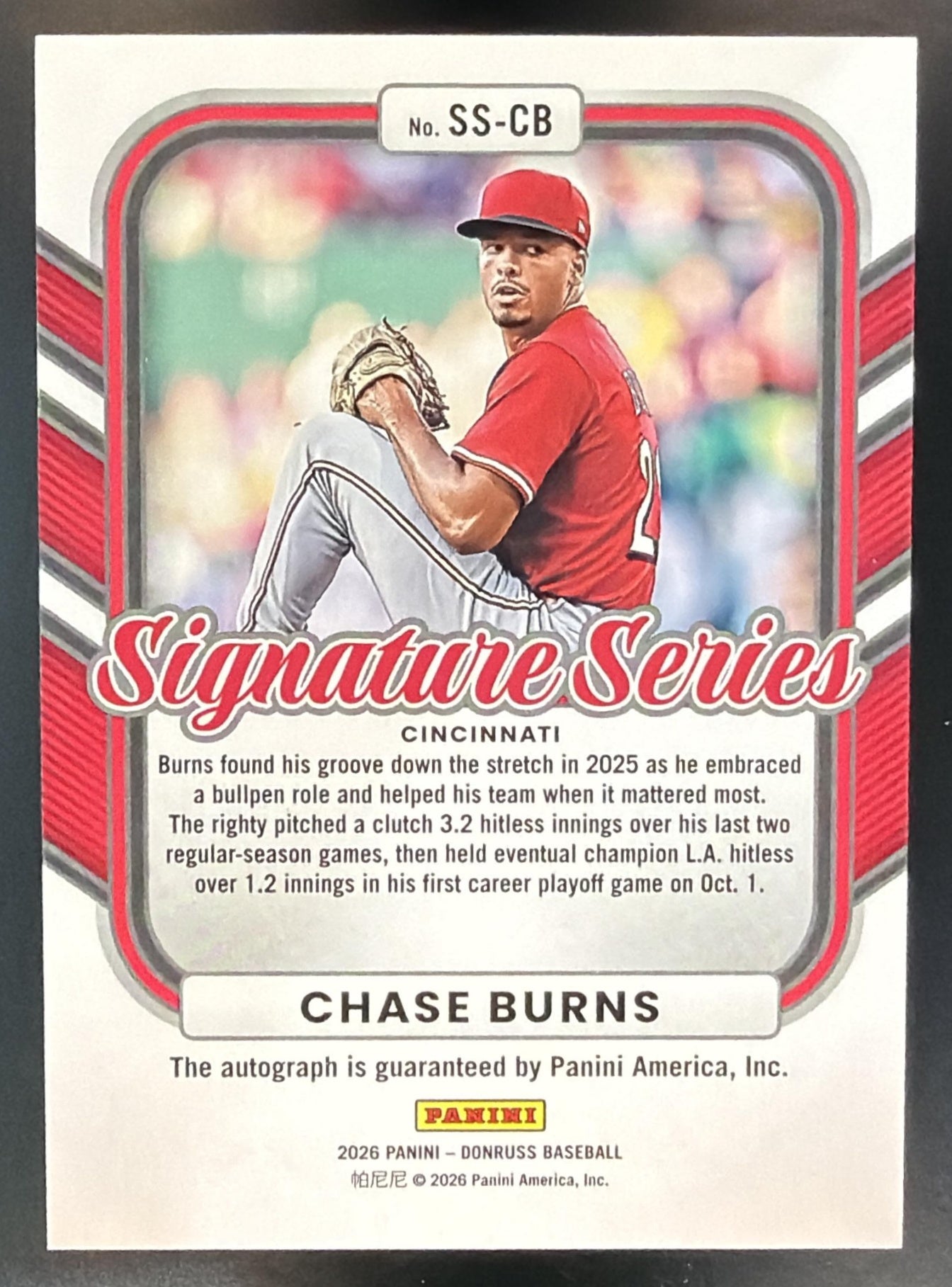 2026 Panini Donruss Chase Burns #SS-CB Signature Series Orange Laser /25 Auto — back