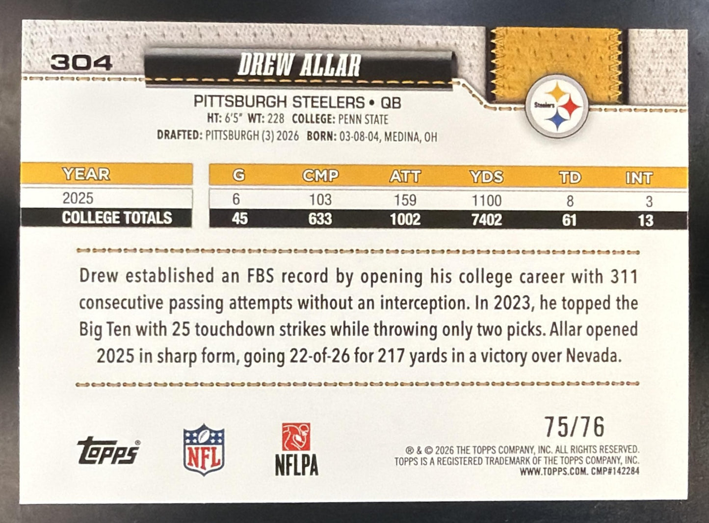 2026 Topps Drew Allar #304 Independence Day 75/76 RC Steelers — back