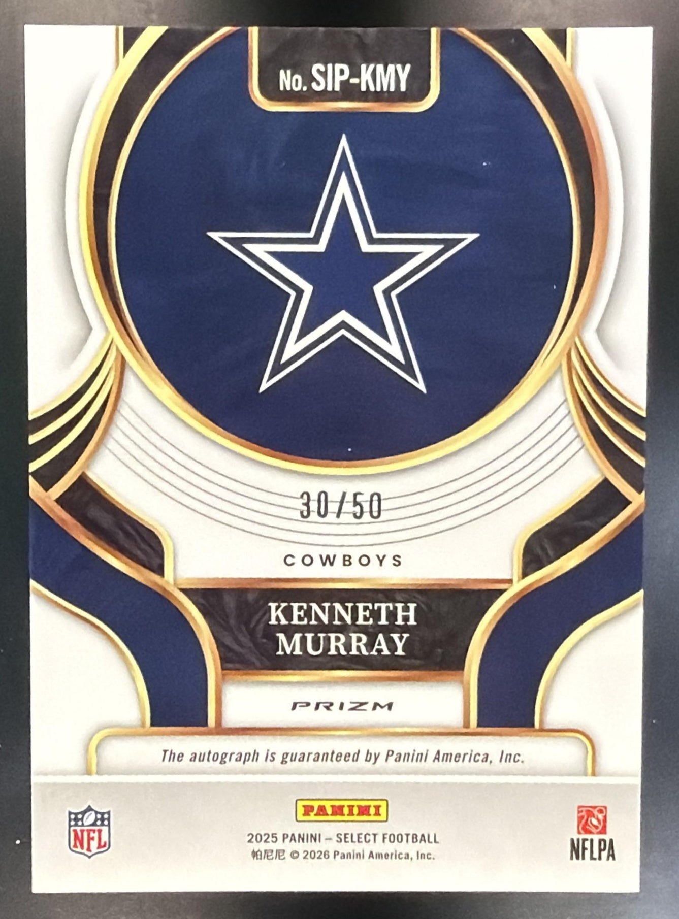 2025 Panini Select Kenneth Murray #SIP-KMY Signatures White Prizm /50 Auto — back