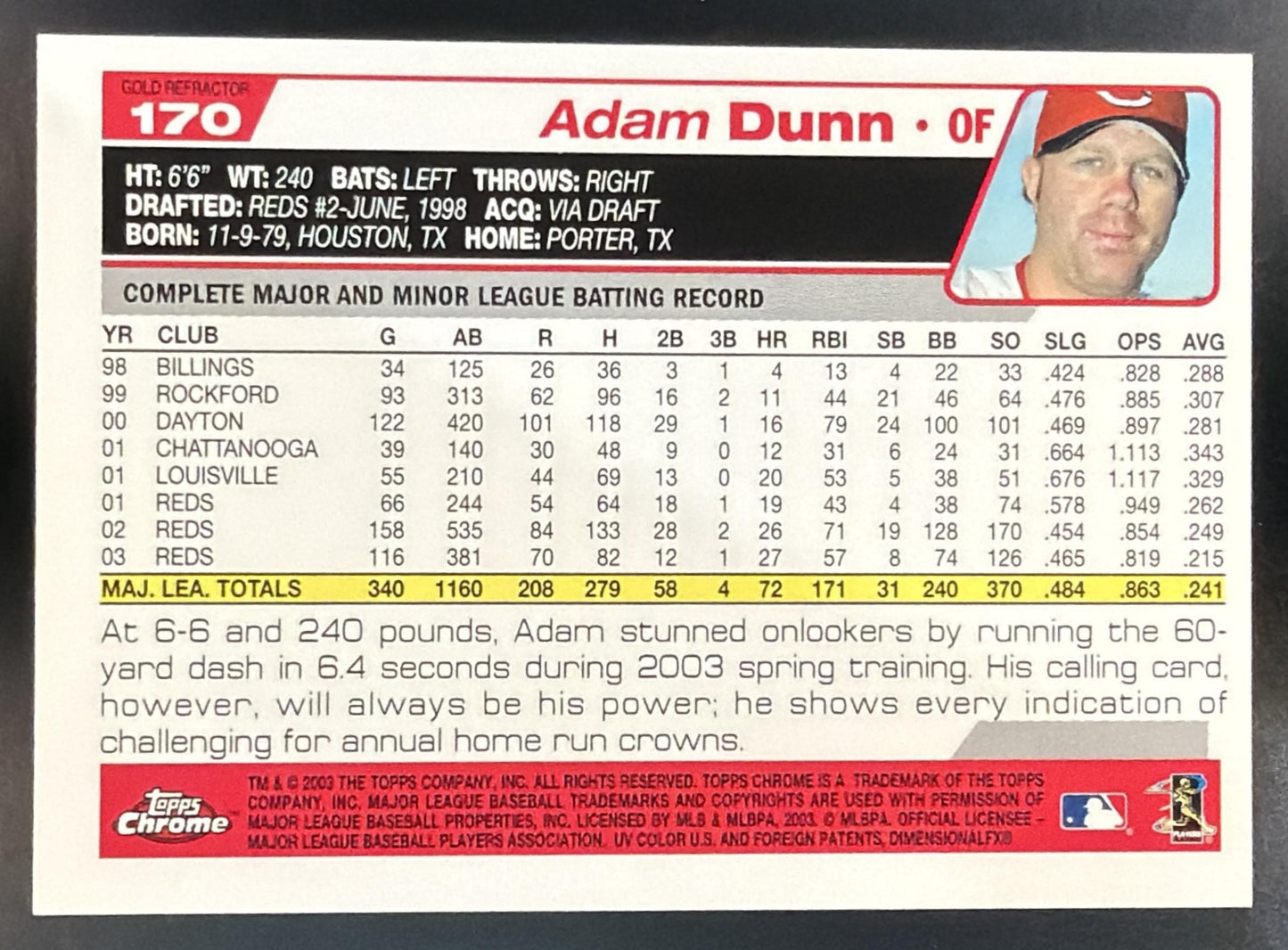 2004 Topps Chrome Adam Dunn #170 Gold Refractor Reds — back