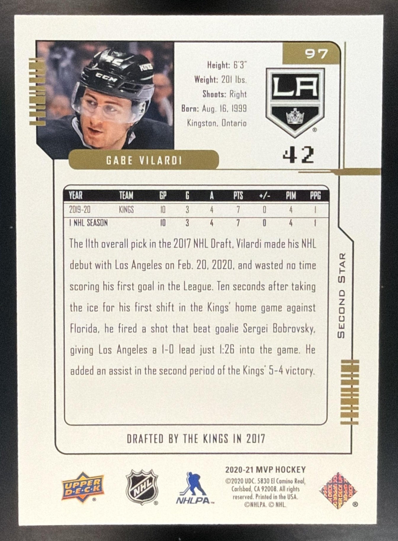 2020-21 Upper Deck MVP Gabe Vilardi #97 20th Anniversary Second Star /100 RC — back
