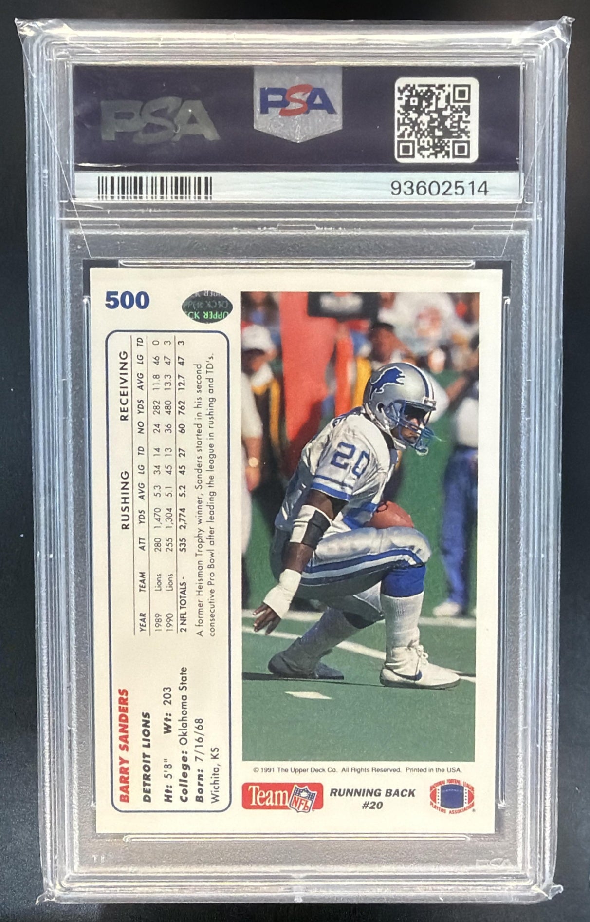 1991 Upper Deck Barry Sanders #500 Promos Lions PSA 9 — back