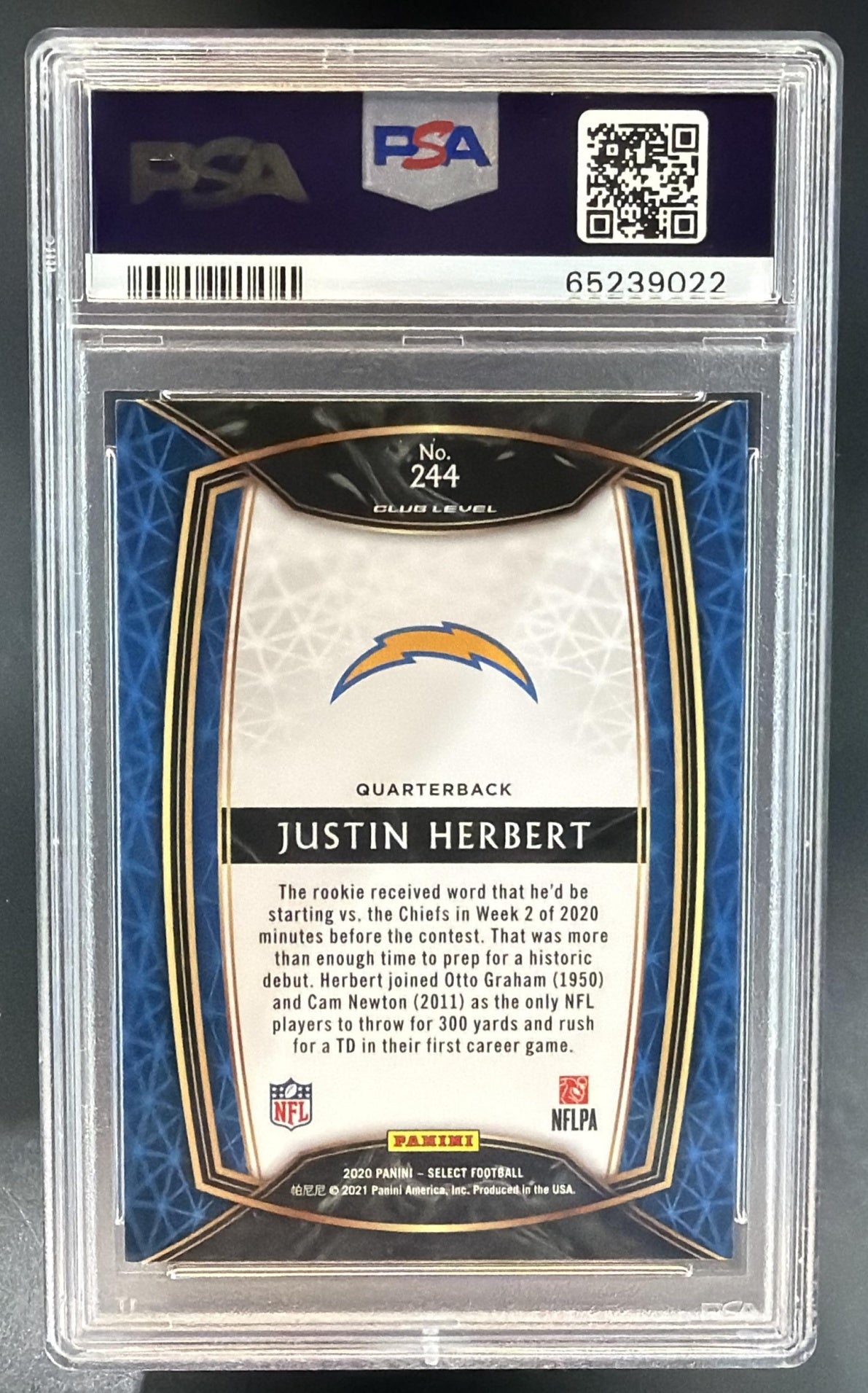 2020 Panini Select Justin Herbert #244 Club RC Chargers PSA 10 — back