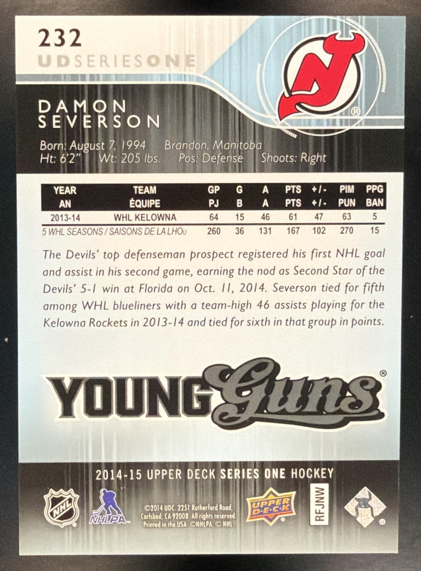 2014-15 Upper Deck Damon Severson #232 UD Exclusives 26/100 Young Guns RC Devils — back