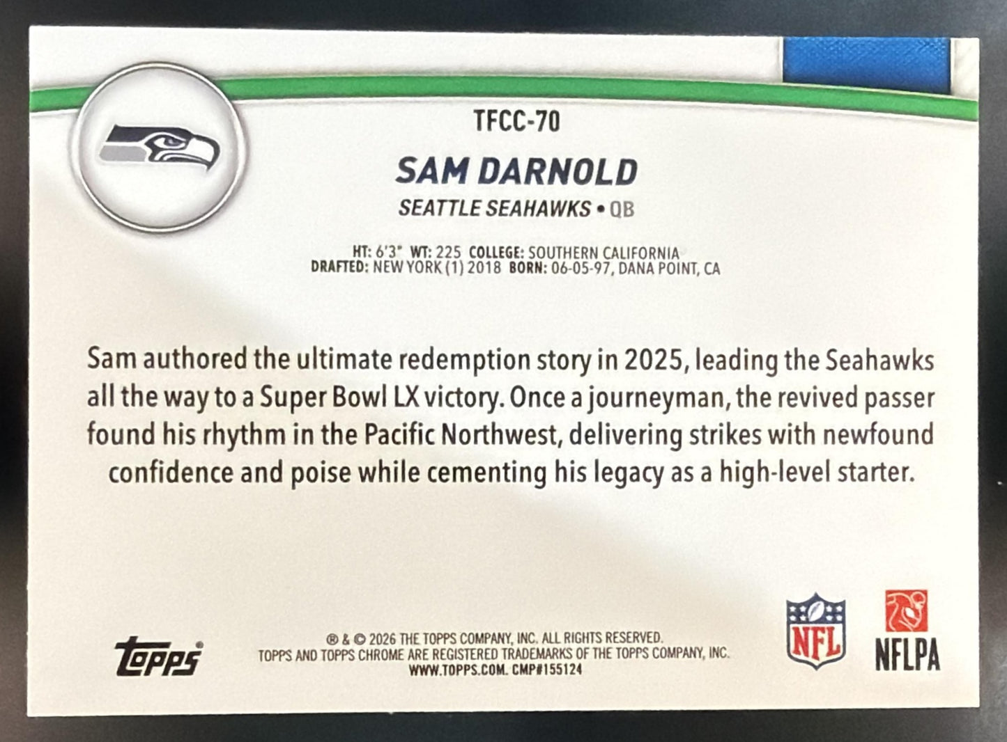 2026 Topps Sam Darnold #TFCC-70 The Collection Chrome Blue Refractor /150 — back