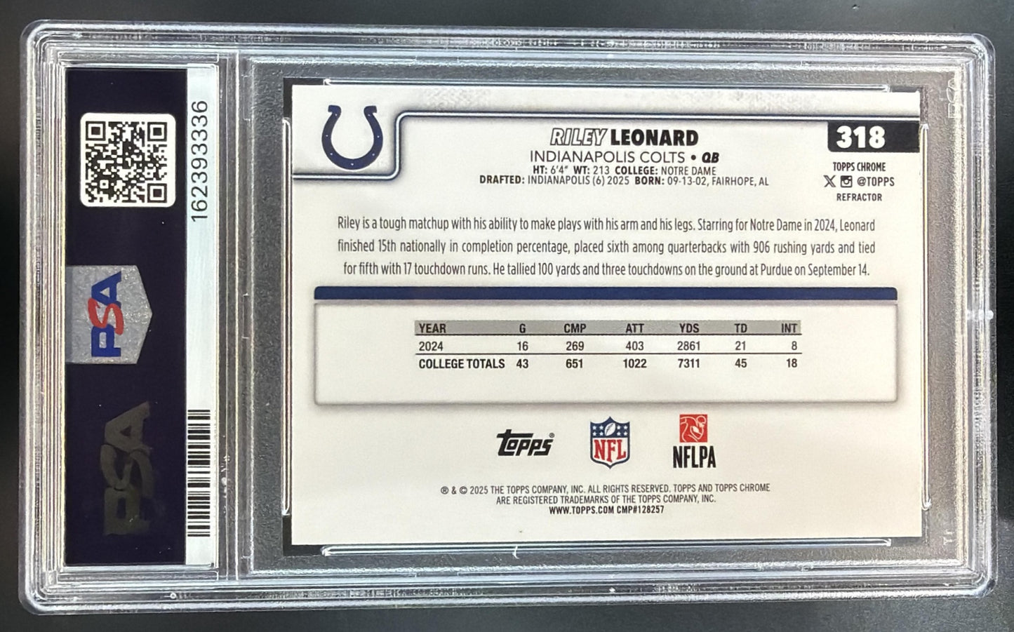 2025 Topps Chrome Riley Leonard #318 Rookie Refractor RC Colts PSA 9 — back