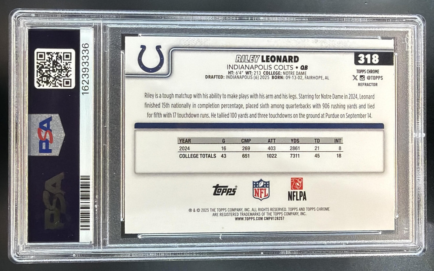 2025 Topps Chrome Riley Leonard #318 Rookie Refractor RC Colts PSA 9 — back