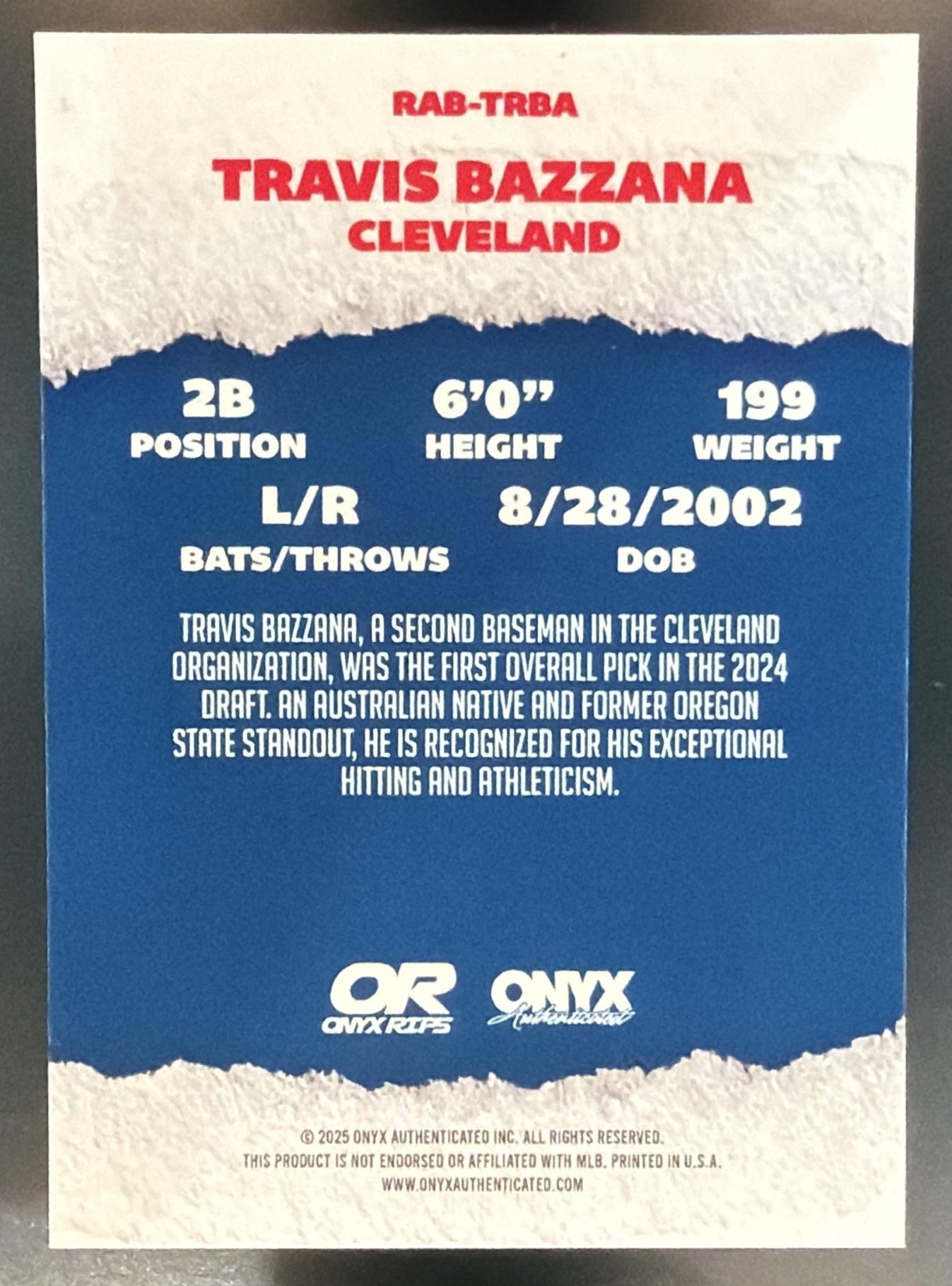 2025 Onyx Travis Bazzana On Card Auto — back