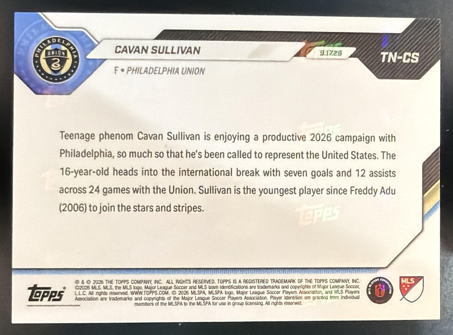 2026 Topps Now MLS Cavan Sullivan #TNCS Red Foil 1/5 Union — back