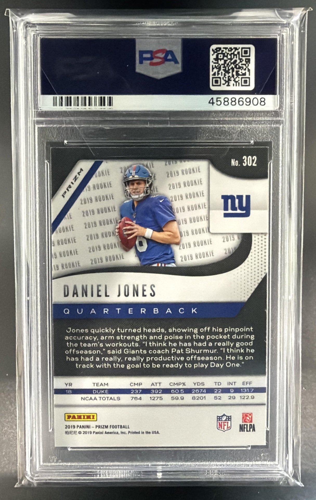 2019 Panini Prizm Daniel Jones #302 Red White and Blue RC Giants PSA 10 — back