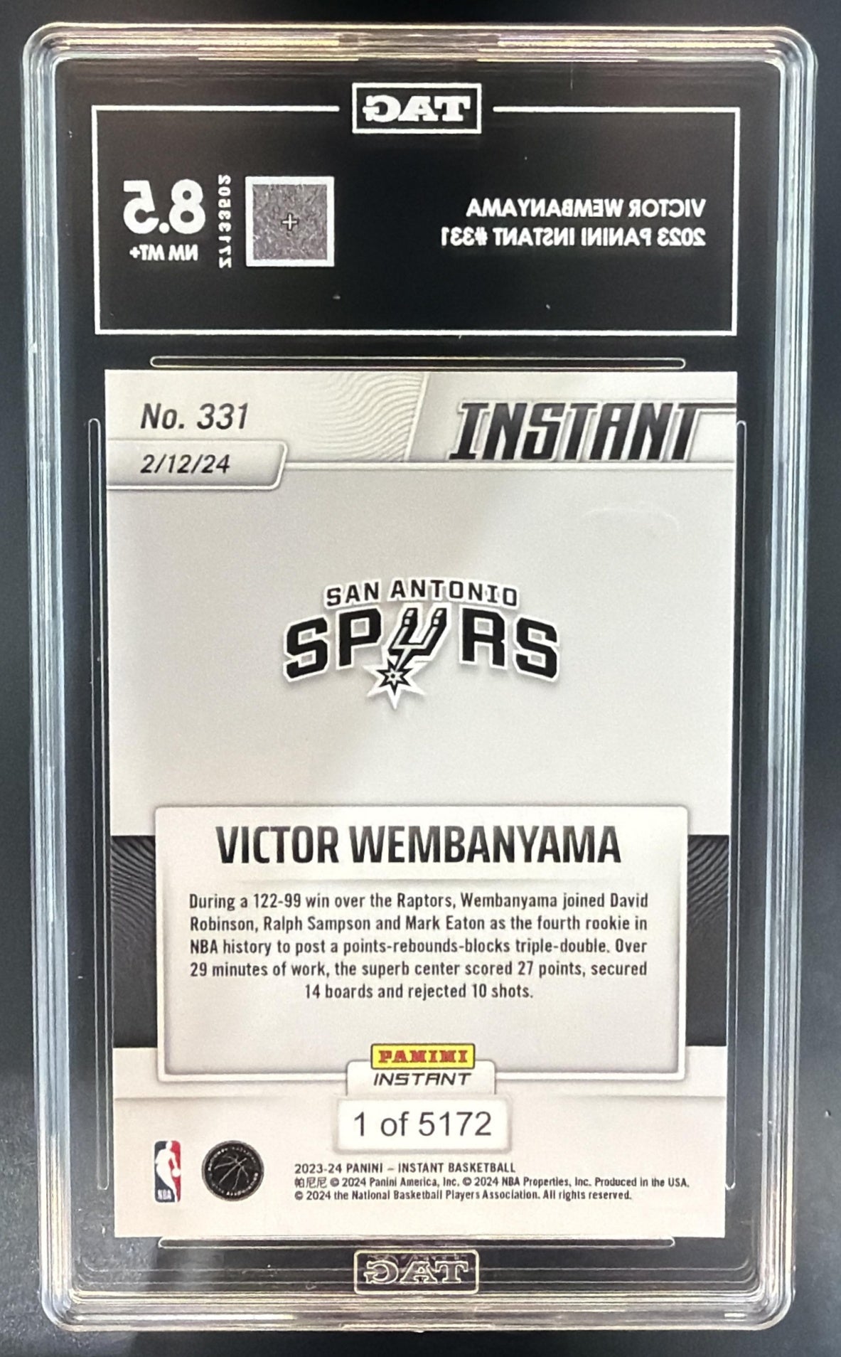 2023-24 Panini Instant NBA Victor Wembanyama #331 RC Spurs TAG 8.5 — back