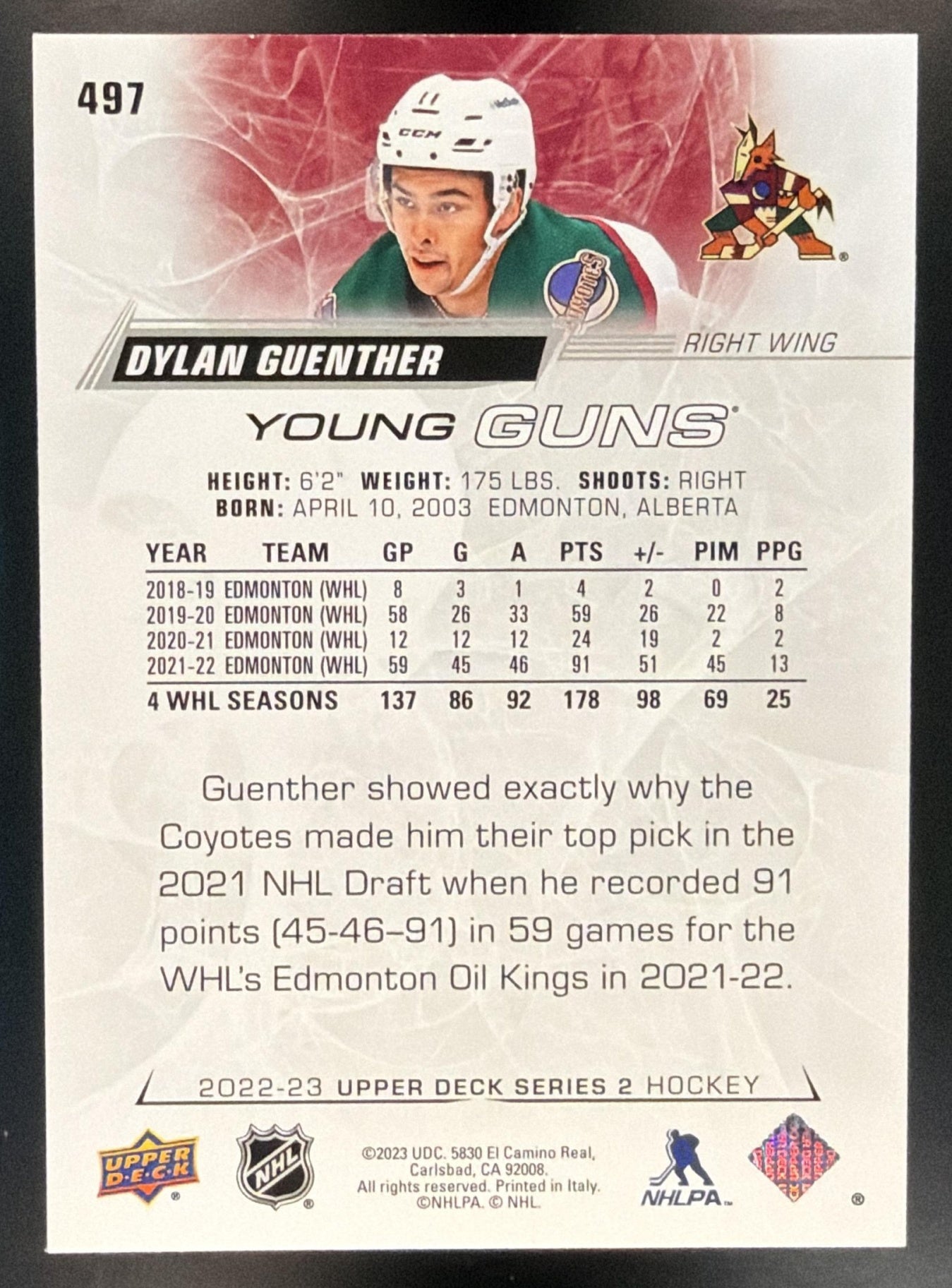 2022-23 Upper Deck Dylan Guenther #497 Young Guns RC Coyotes — back