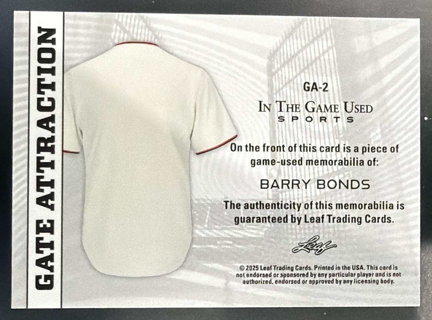 2025 Leaf In the Game Used Sports Barry Bonds #GA-2 Gate Glitter Holo /25 MEM — back