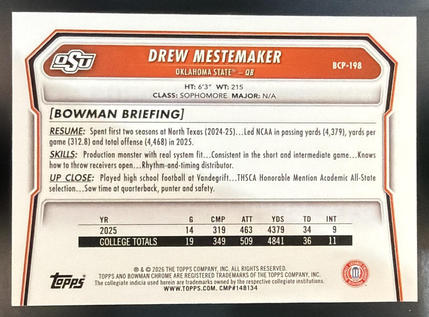 2026 Bowman Drew Mestemaker #BCP-198 Chrome Blue Refractor /150 1st Prospect — back