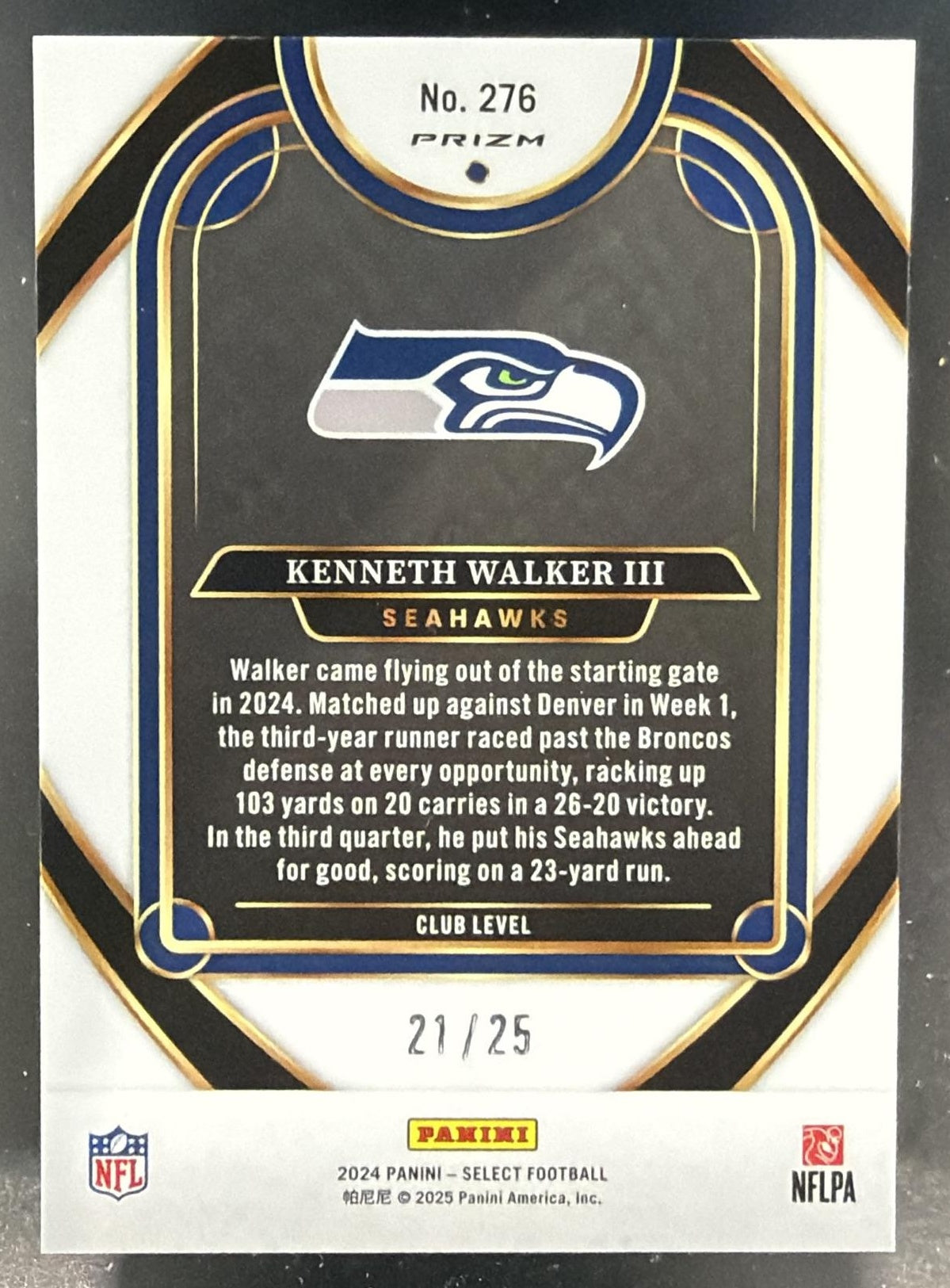 2024 Panini Select Kenneth Walker III #276 Club Tie-Dye Prizm 21/25 Seahawks — back