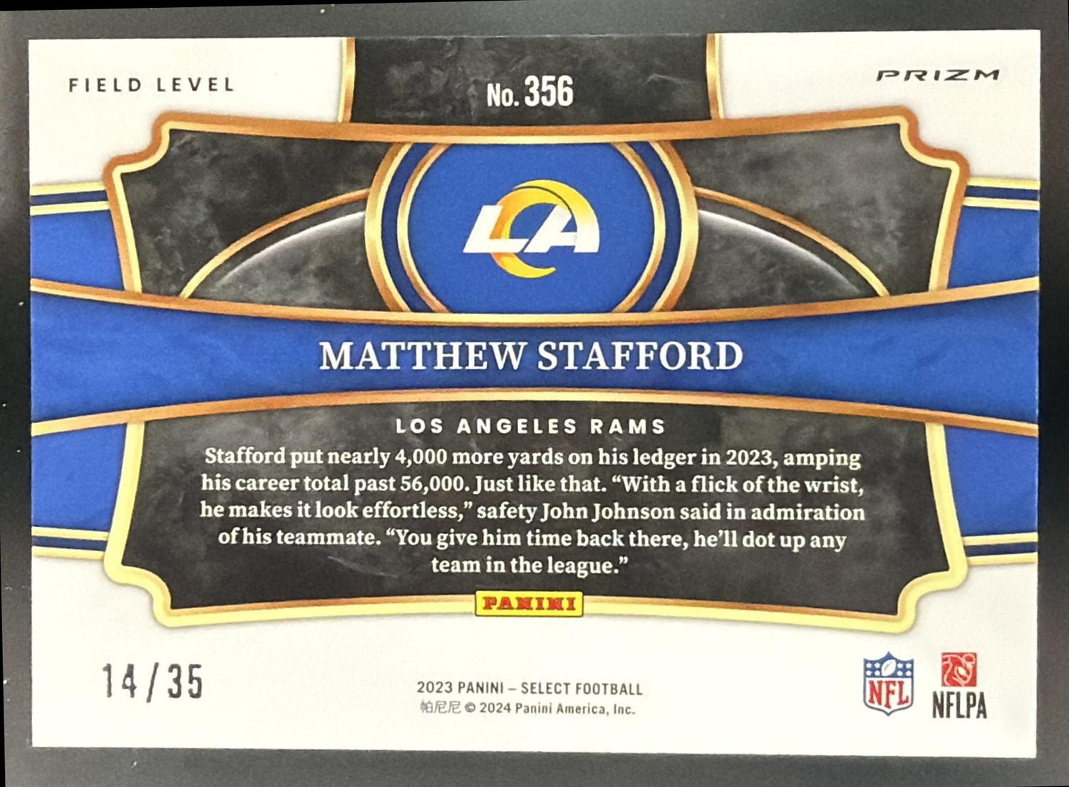 2023 Panini Select Matthew Stafford #356 White Prizms 14/35 Field Level Rams — back