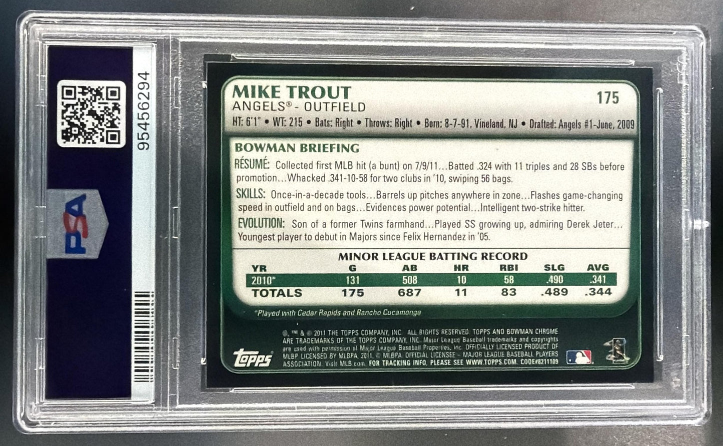 2011 Bowman Chrome Mike Trout #175 RC Angels PSA 9 — back
