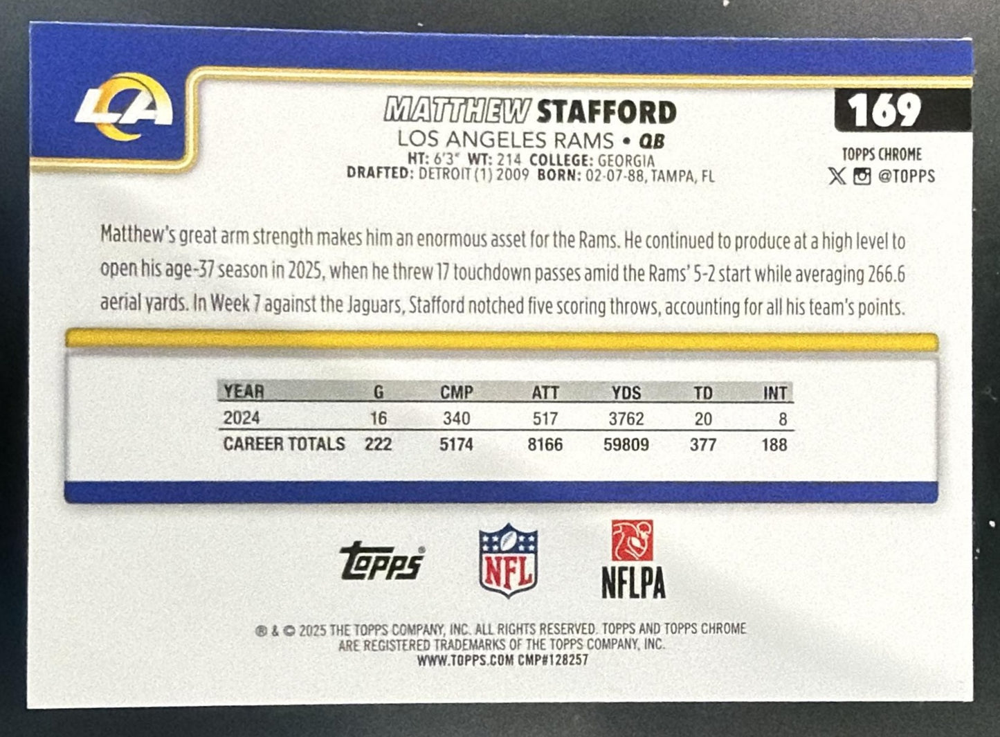 2025 Topps Chrome Matthew Stafford #169 X-Fractor Rams — back
