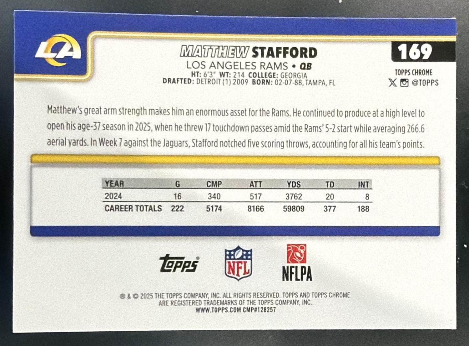 2025 Topps Chrome Matthew Stafford #169 X-Fractor Rams — back