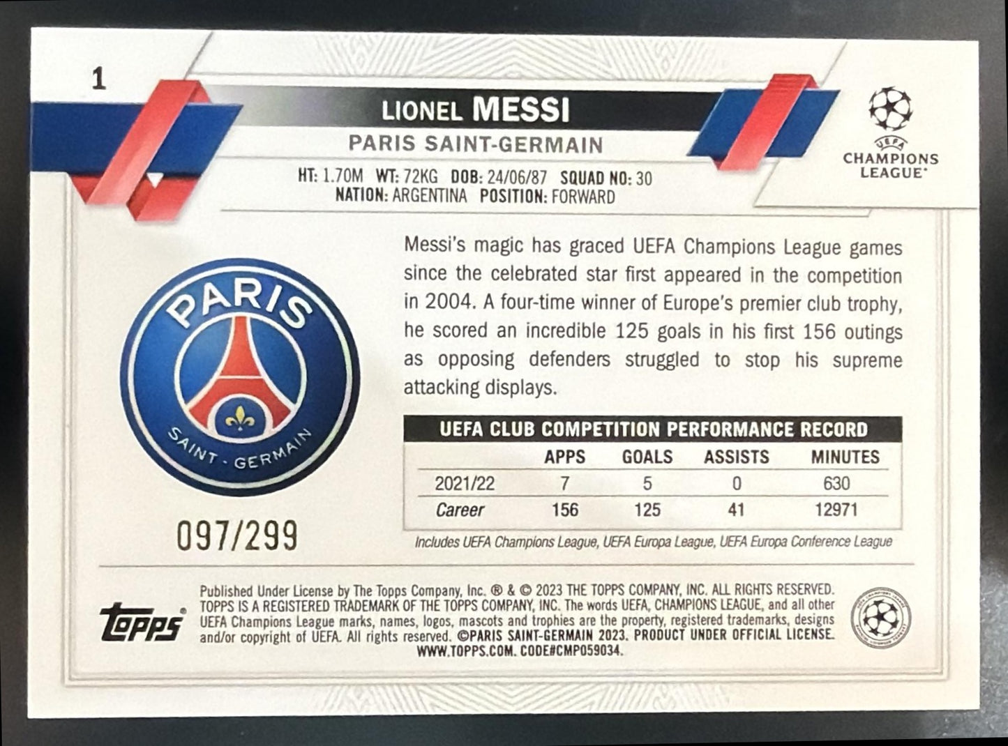 2022-23 Topps UEFA Club Competitions Lionel Messi #1 Yellow Foil 97/299 PSG — back
