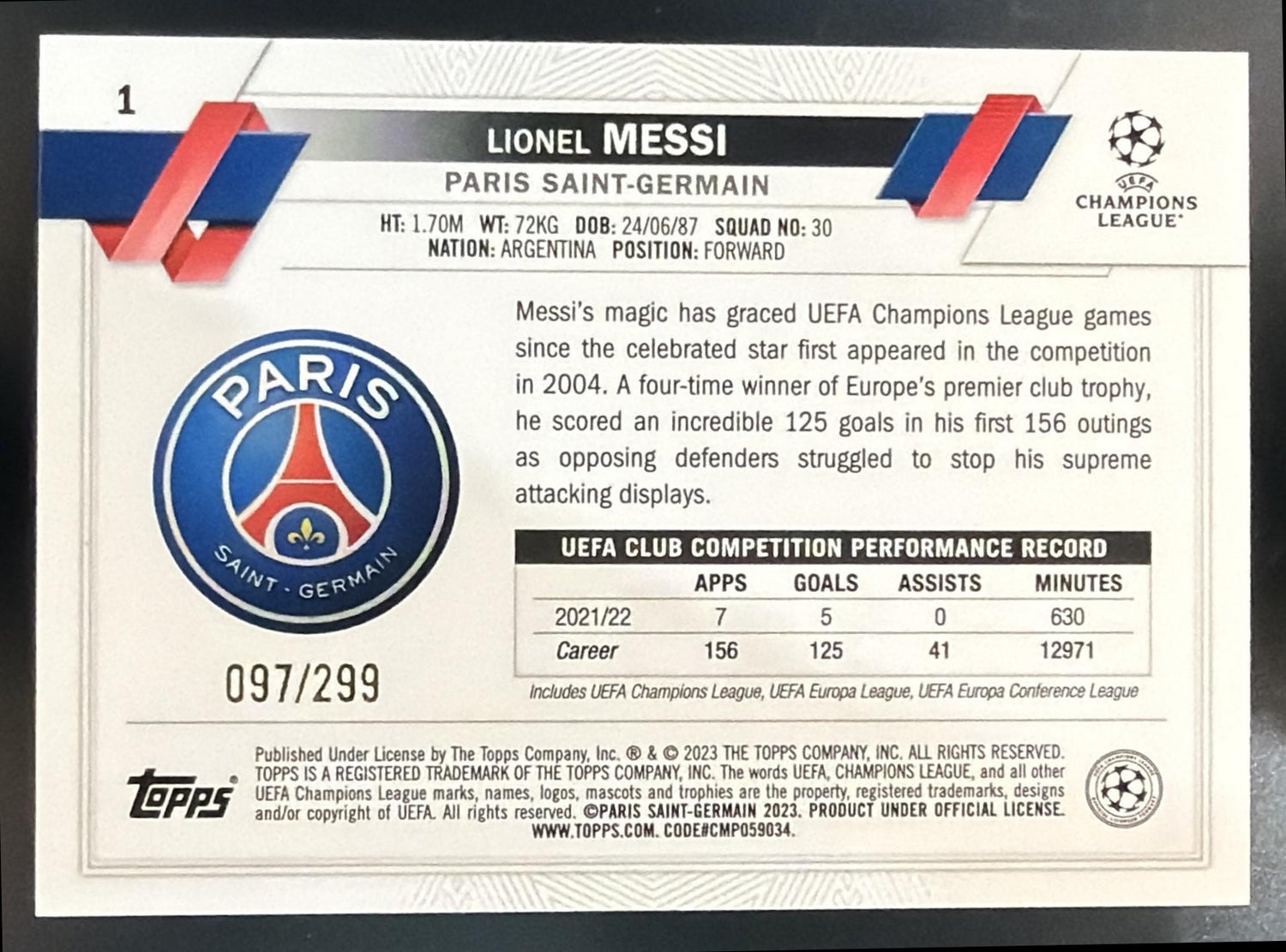 2022-23 Topps UEFA Club Competitions Lionel Messi #1 Yellow Foil 97/299 PSG — back