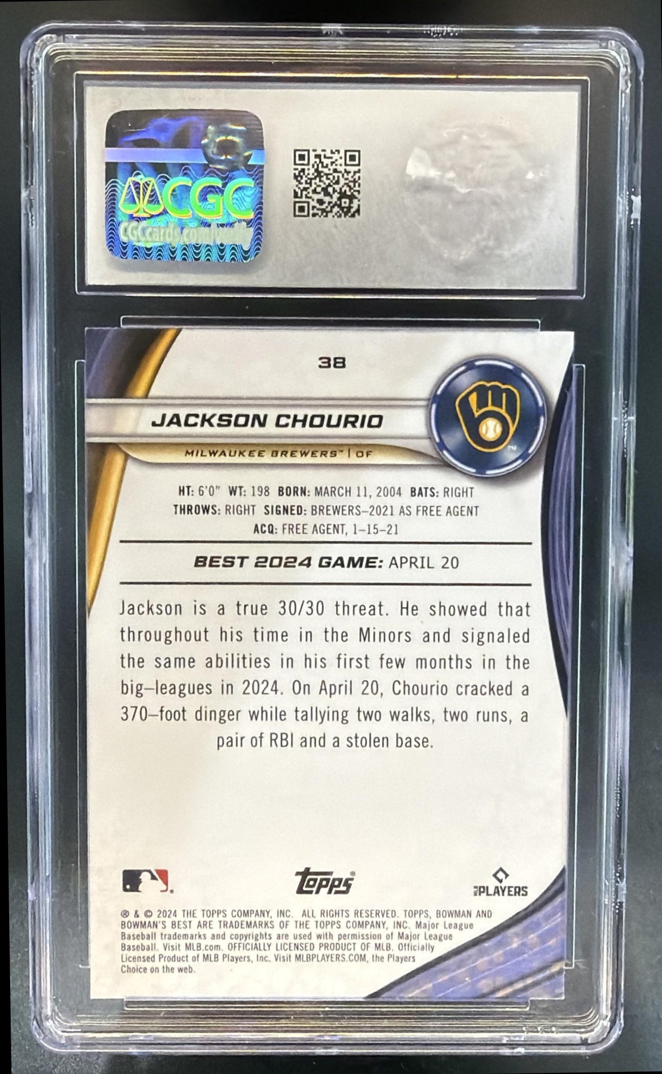 2024 Bowman's Best Jackson Chourio #38 RC Brewers CGC 10 — back