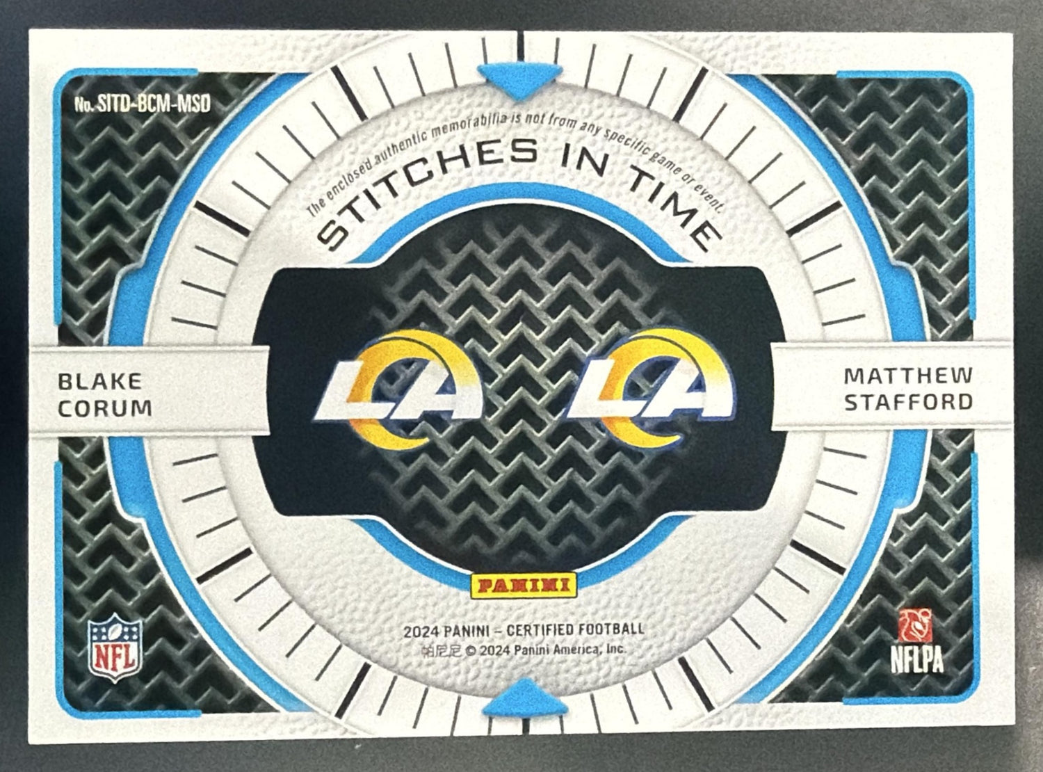 2024 Certified Blake Corum Matthew Stafford Stitches Dual Green Etch /3 MEM — back