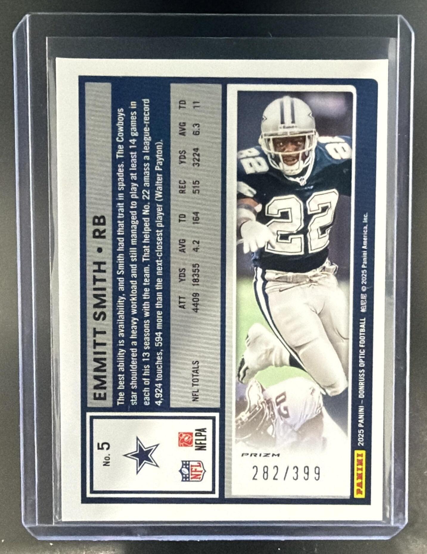 2025 Panini Donruss Optic Emmitt Smith #5 Neon Blue Prizm 282/399 Cowboys — back