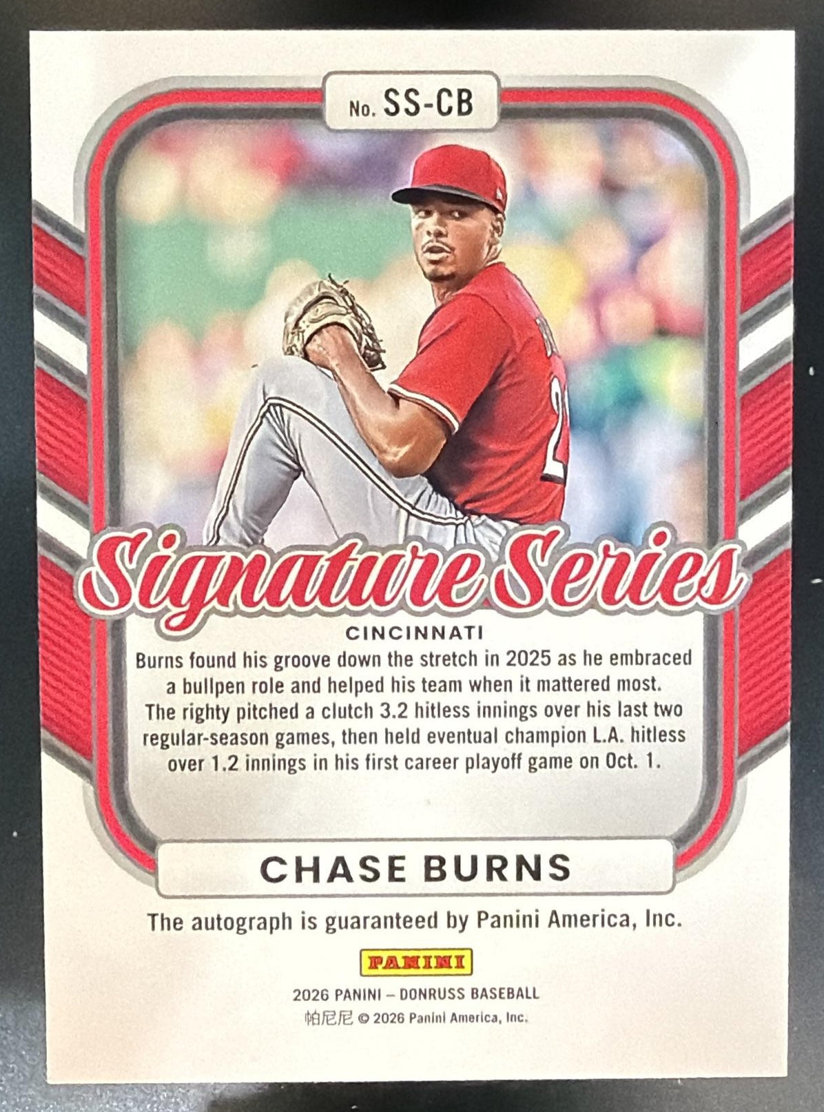2026 Panini Donruss Chase Burns #SS-CB Signature Series Laser Auto Reds — back