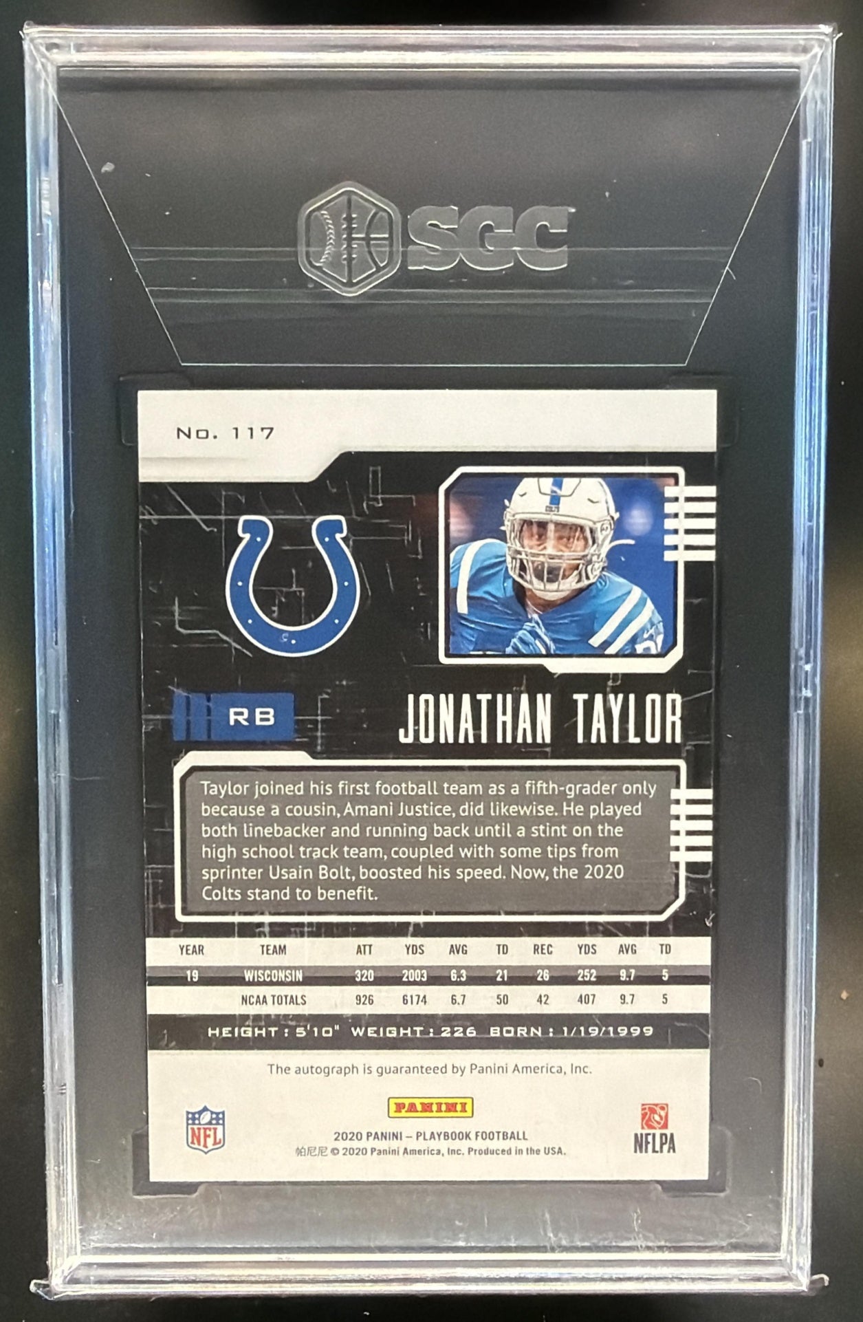 2020 Panini Playbook Jonathan Taylor #117 Rookies Signatures Auto RC SGC 9.5 — back